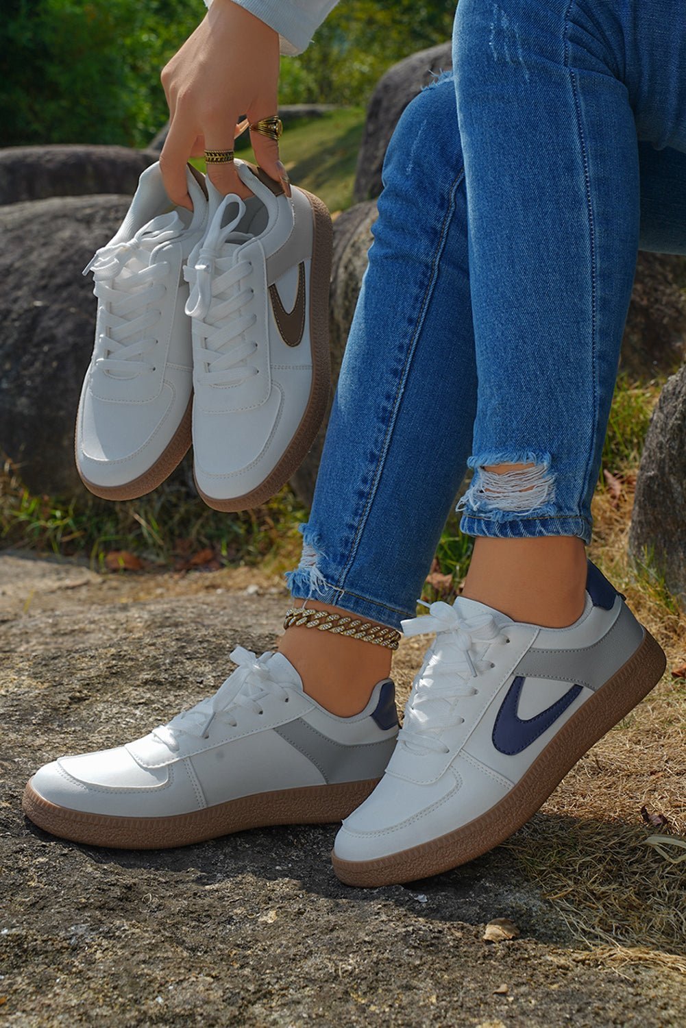 Navy Blue PU Leather Lace Up Sneakers - MAD RUFFI