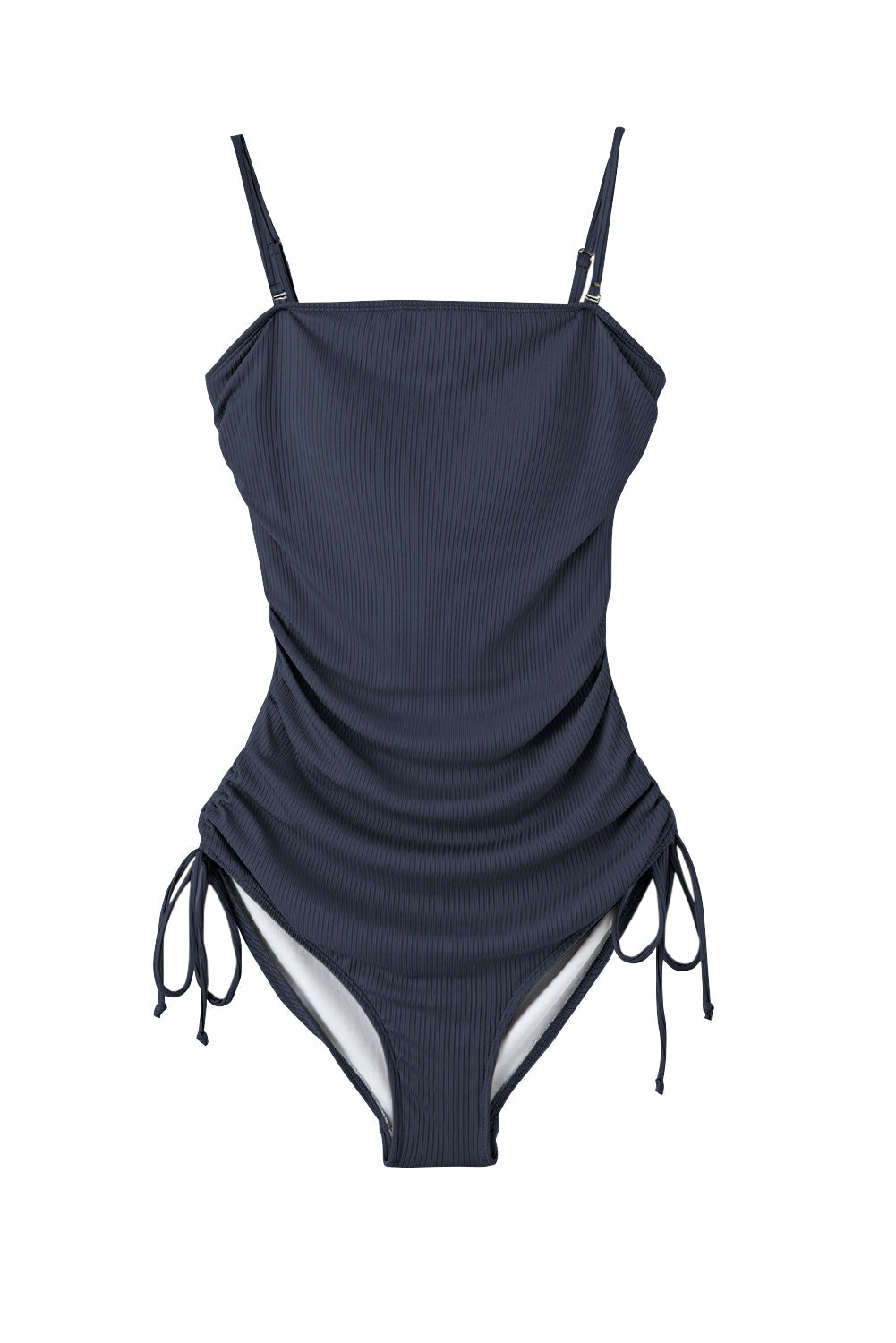 Navy Blue Side Drawstring Cutout Ribbed One Piece Swimsuit - MAD RUFFI