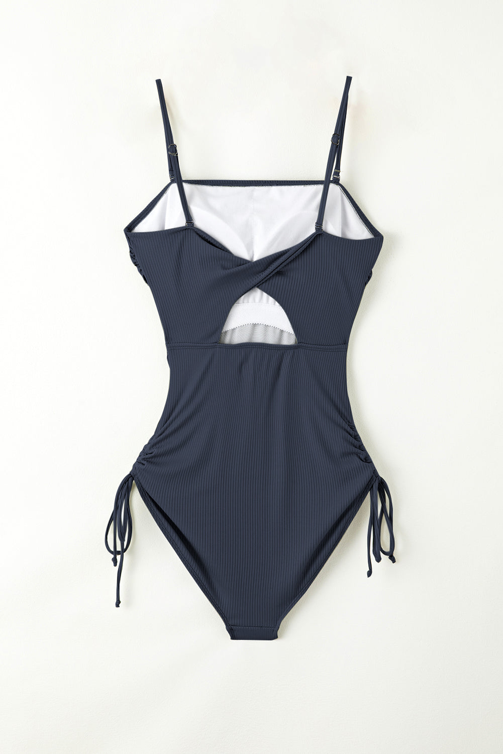 Navy Blue Side Drawstring Cutout Ribbed One Piece Swimsuit - MAD RUFFI