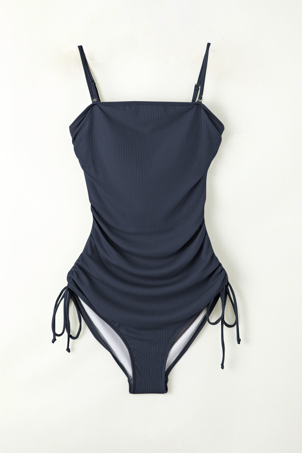 Navy Blue Side Drawstring Cutout Ribbed One Piece Swimsuit - MAD RUFFI