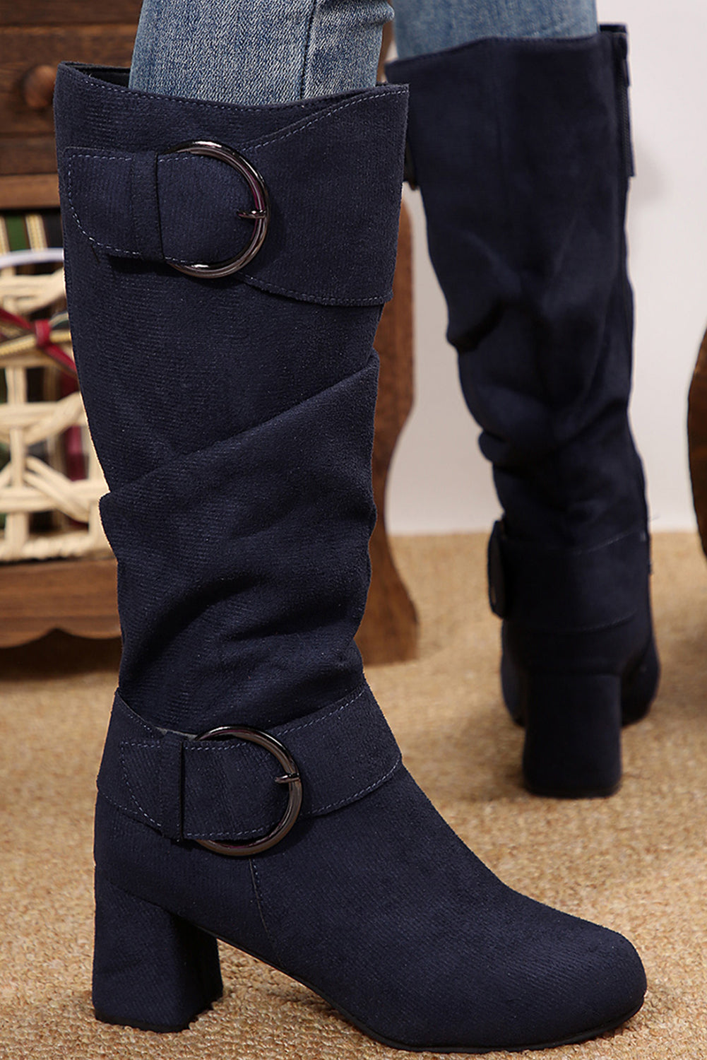 Navy Blue Suede Double Buckled Side Zipper Mid-calf Boots - MAD RUFFI