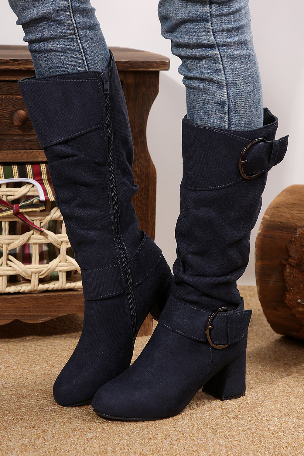 Navy Blue Suede Double Buckled Side Zipper Mid-calf Boots - MAD RUFFI