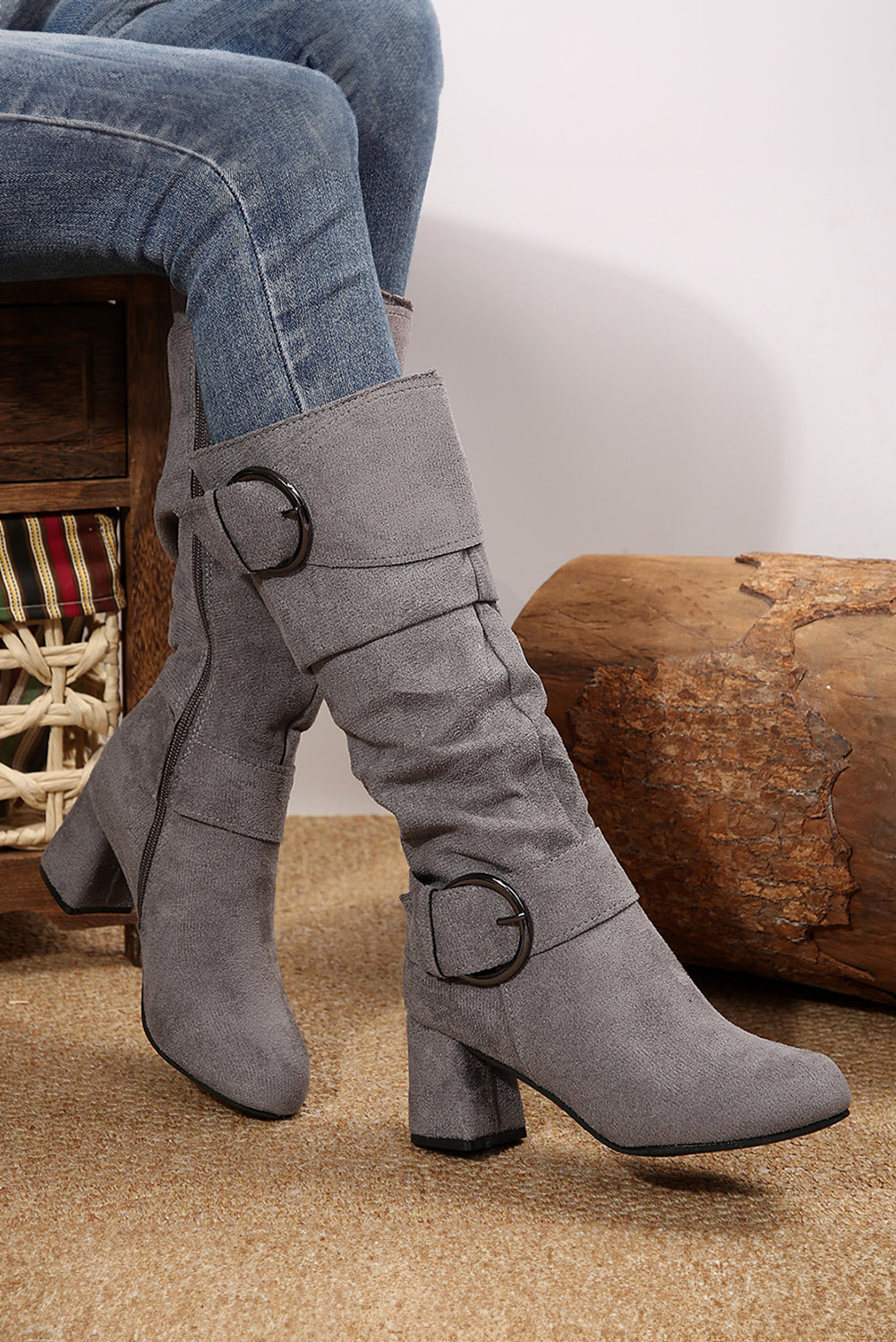 Navy Blue Suede Double Buckled Side Zipper Mid-calf Boots - MAD RUFFI