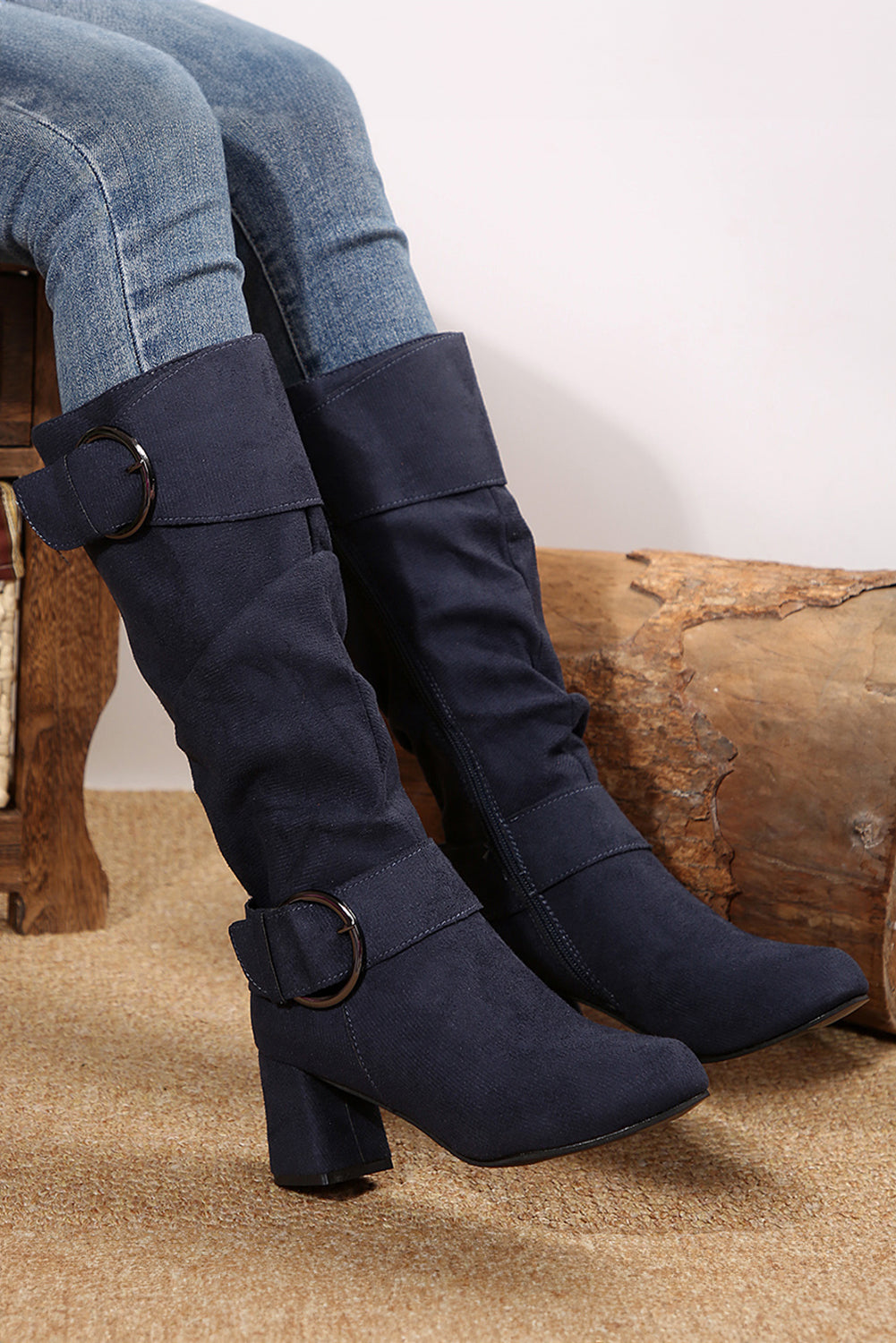 Navy Blue Suede Double Buckled Side Zipper Mid-calf Boots - MAD RUFFI