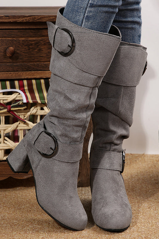 Navy Blue Suede Double Buckled Side Zipper Mid-calf Boots - MAD RUFFI