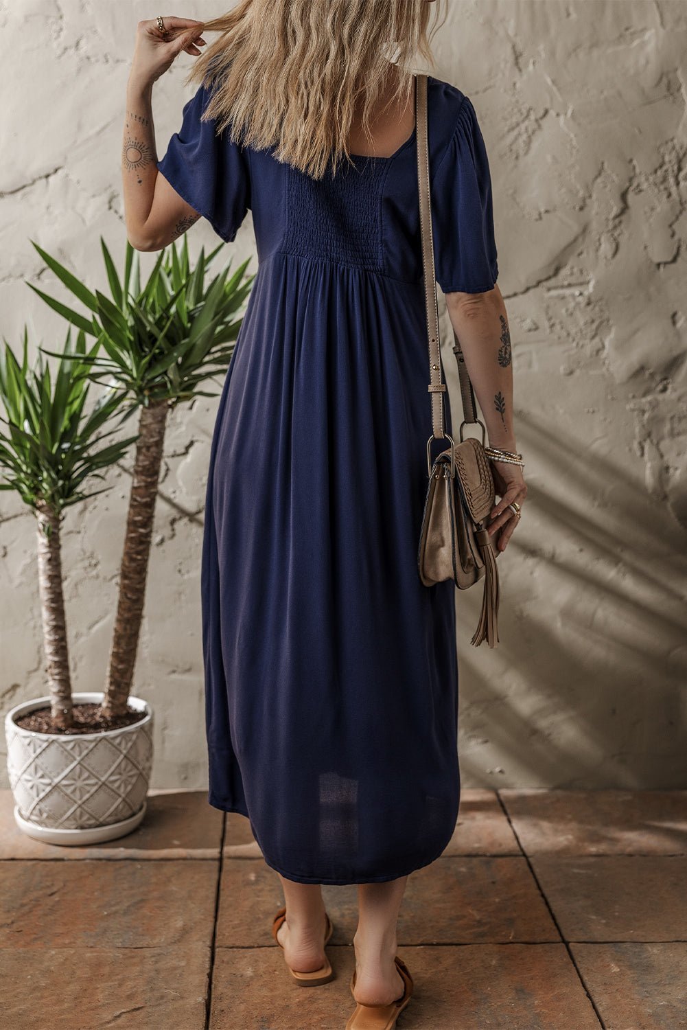 Navy Blue V Neck Buttoned Front Shirred Back Short Sleeve Midi Dress - MAD RUFFI