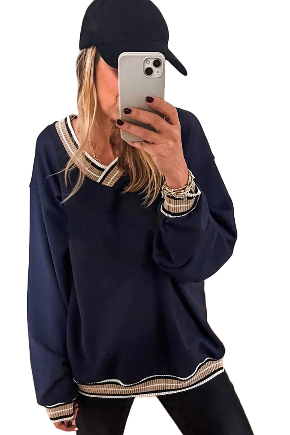 Navy Blue Varsity Contrast Trim V Neck Sweatshirt - MAD RUFFI
