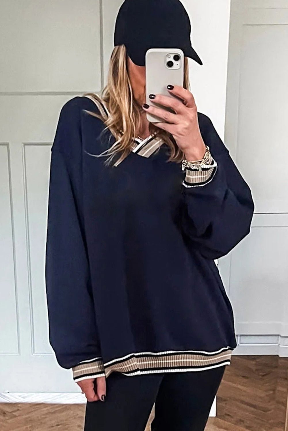 Navy Blue Varsity Contrast Trim V Neck Sweatshirt - MAD RUFFI