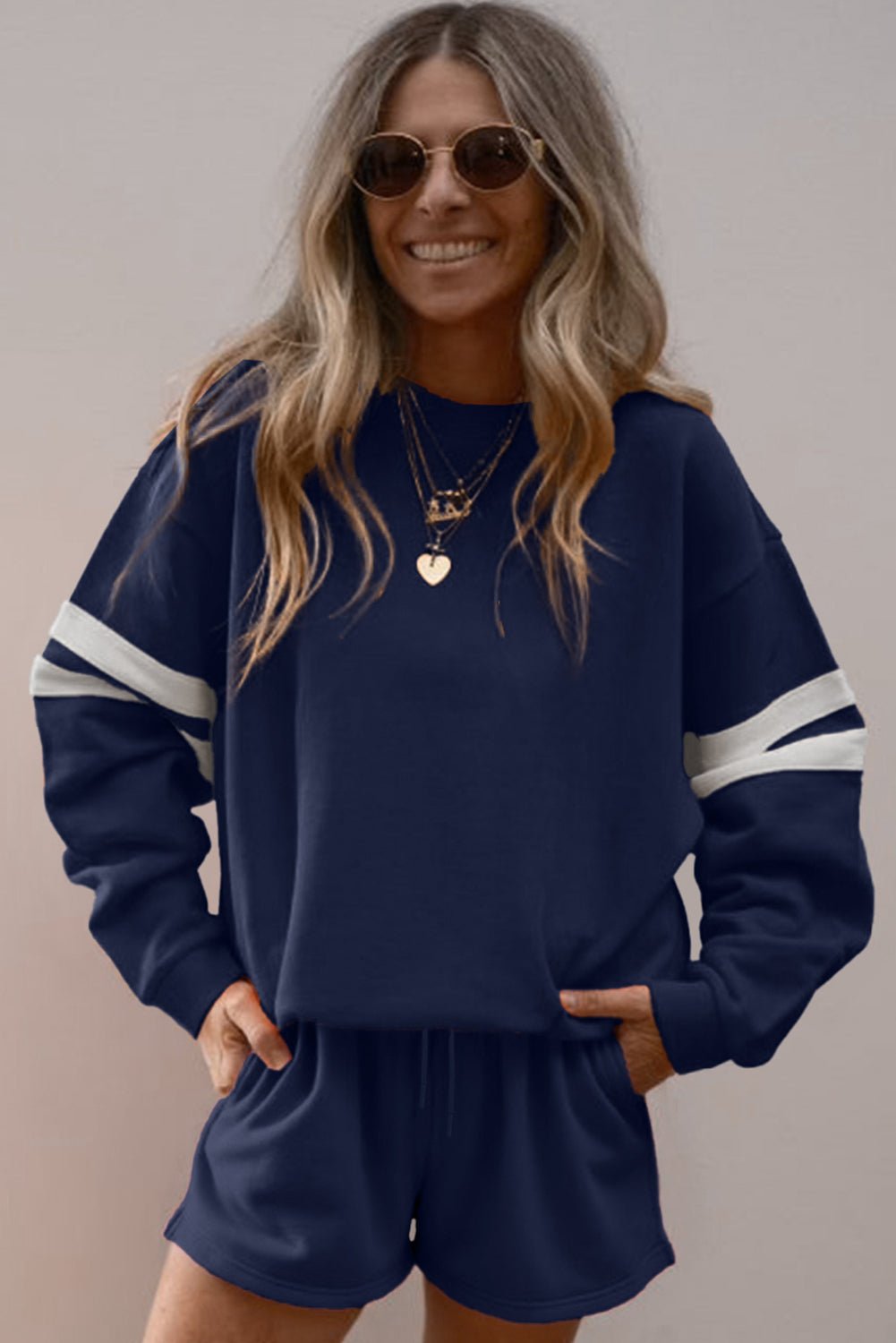 Navy Blue Varsity Striped Sleeve Drop Shoulder Sweatshirt and Shorts Set - MAD RUFFI