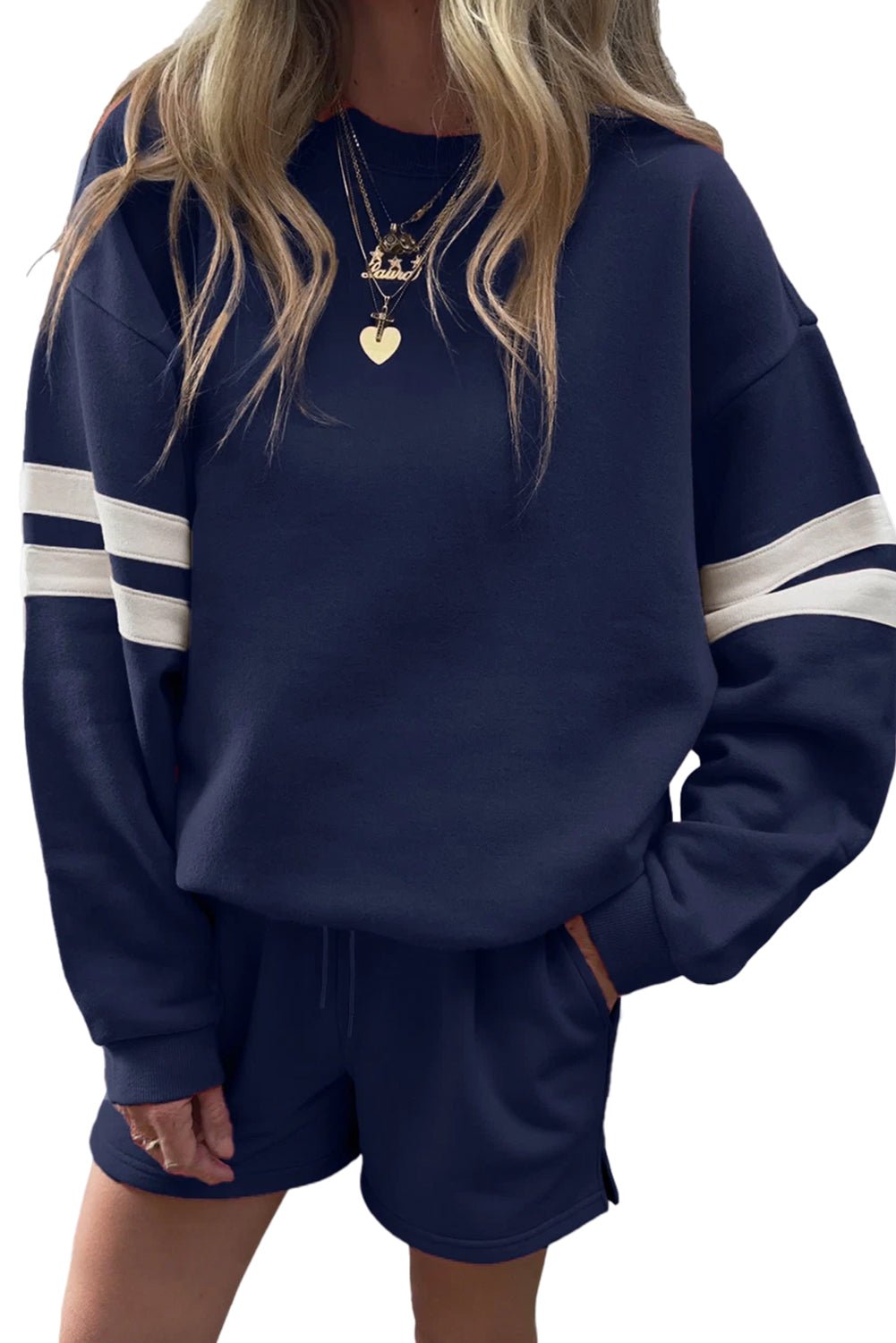 Navy Blue Varsity Striped Sleeve Drop Shoulder Sweatshirt and Shorts Set - MAD RUFFI