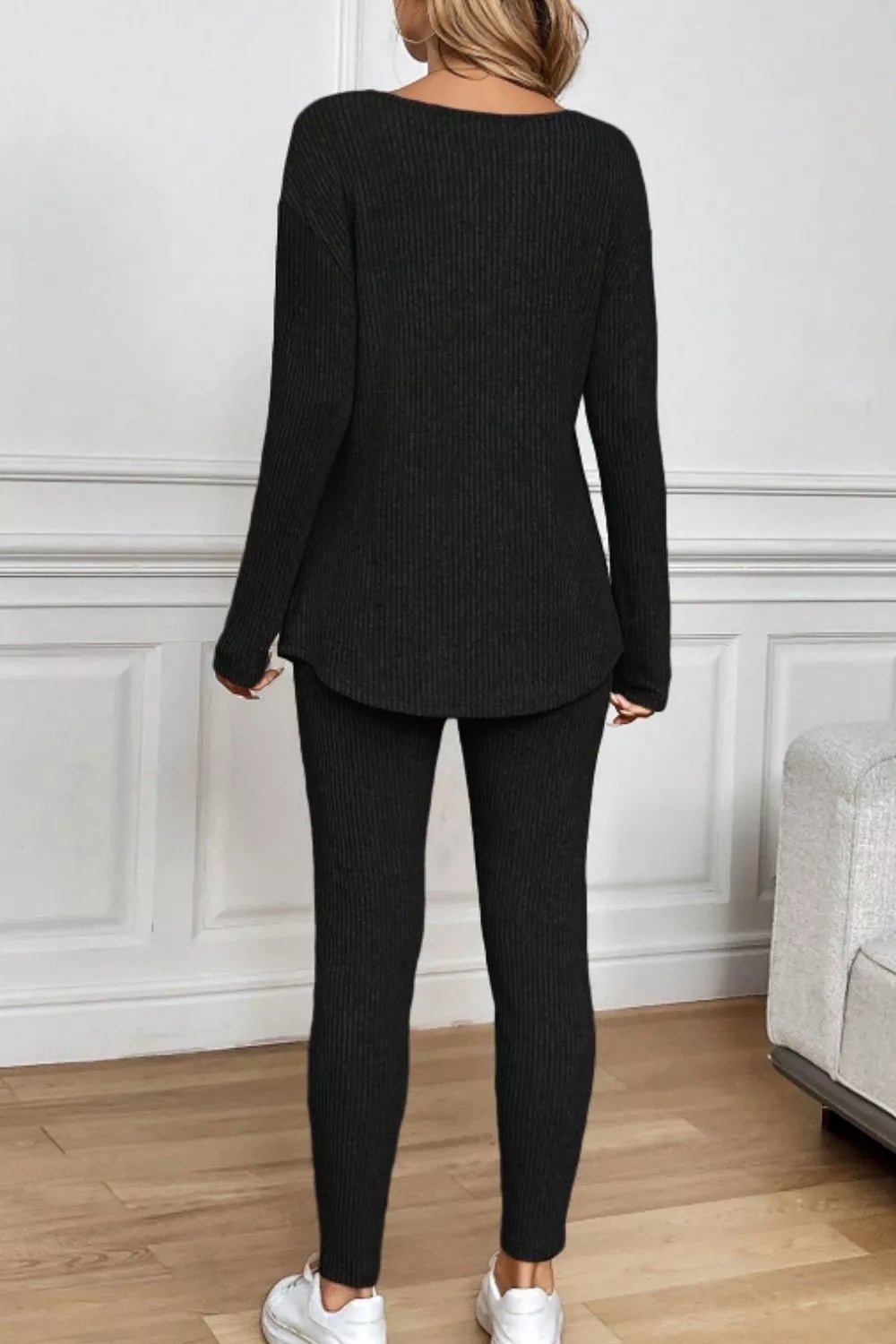 Notched Long Sleeve Top & Pants Set - MAD RUFFI