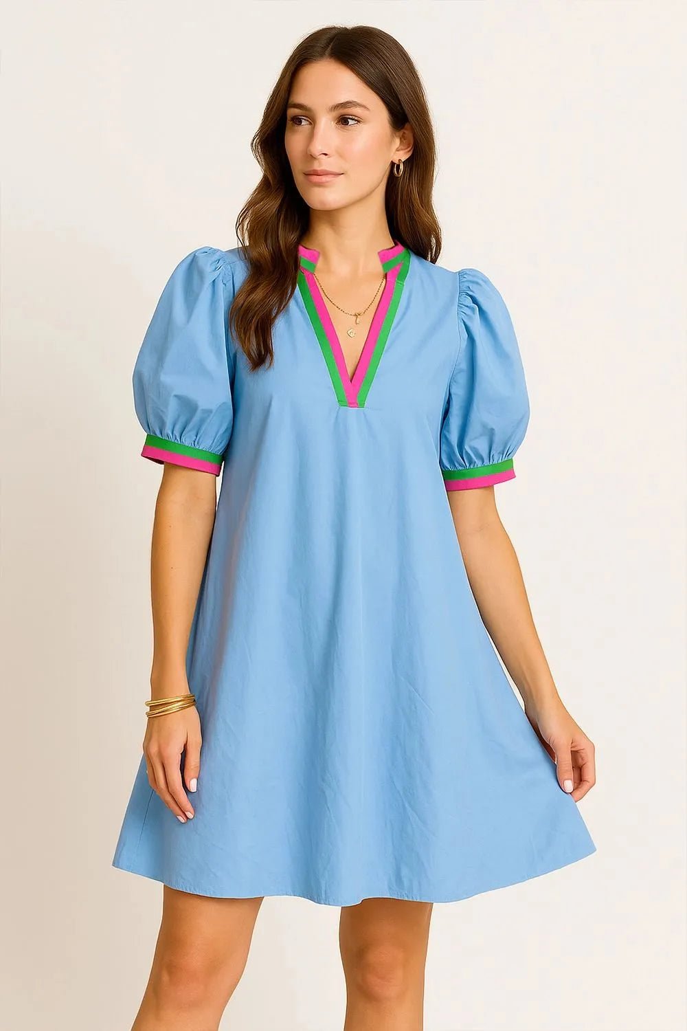 Notched Puff Sleeve Swing Dress - MAD RUFFI