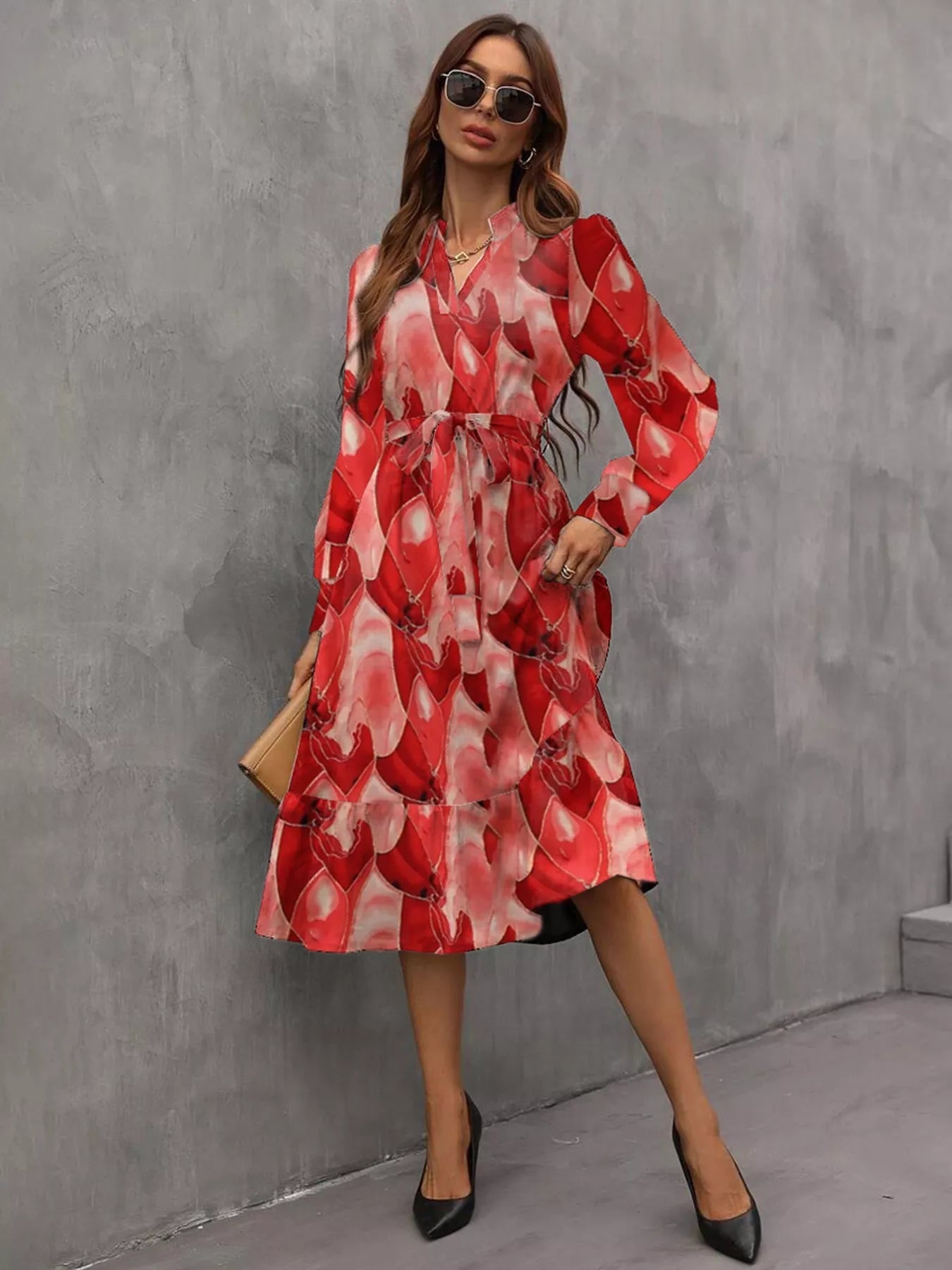 Notched Tie Waist Long Sleeve Dress - MAD RUFFI