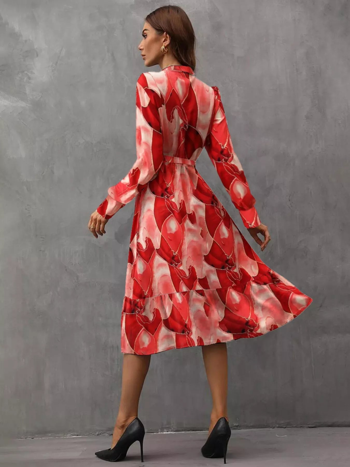 Notched Tie Waist Long Sleeve Dress - MAD RUFFI