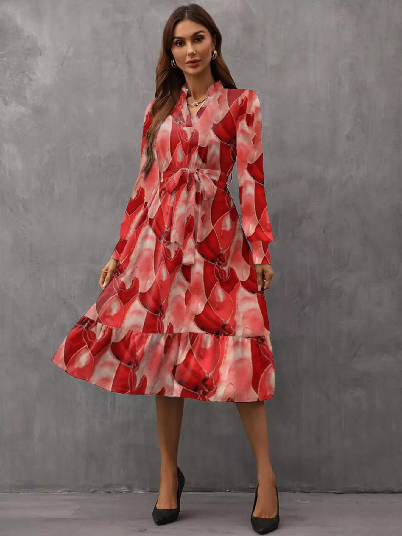 Notched Tie Waist Long Sleeve Dress - MAD RUFFI