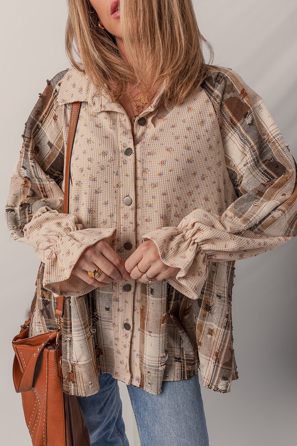 Oatmeal Boho Floral Plaid Patchwork Waffle Knit Distressed Jacket - MAD RUFFI