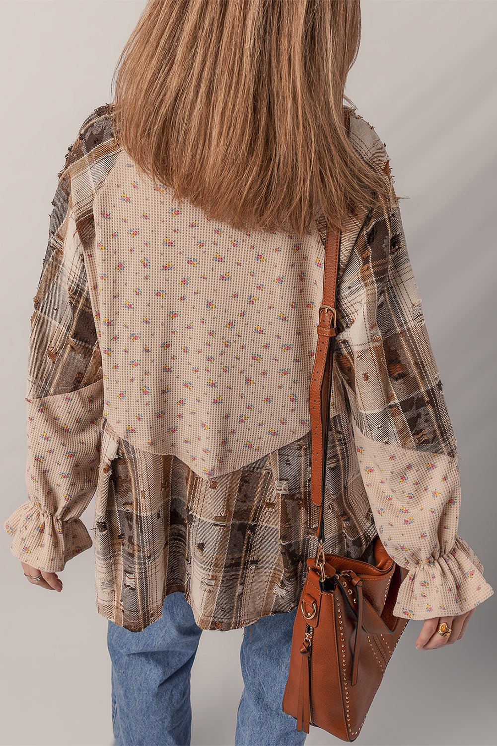 Oatmeal Boho Floral Plaid Patchwork Waffle Knit Distressed Jacket - MAD RUFFI