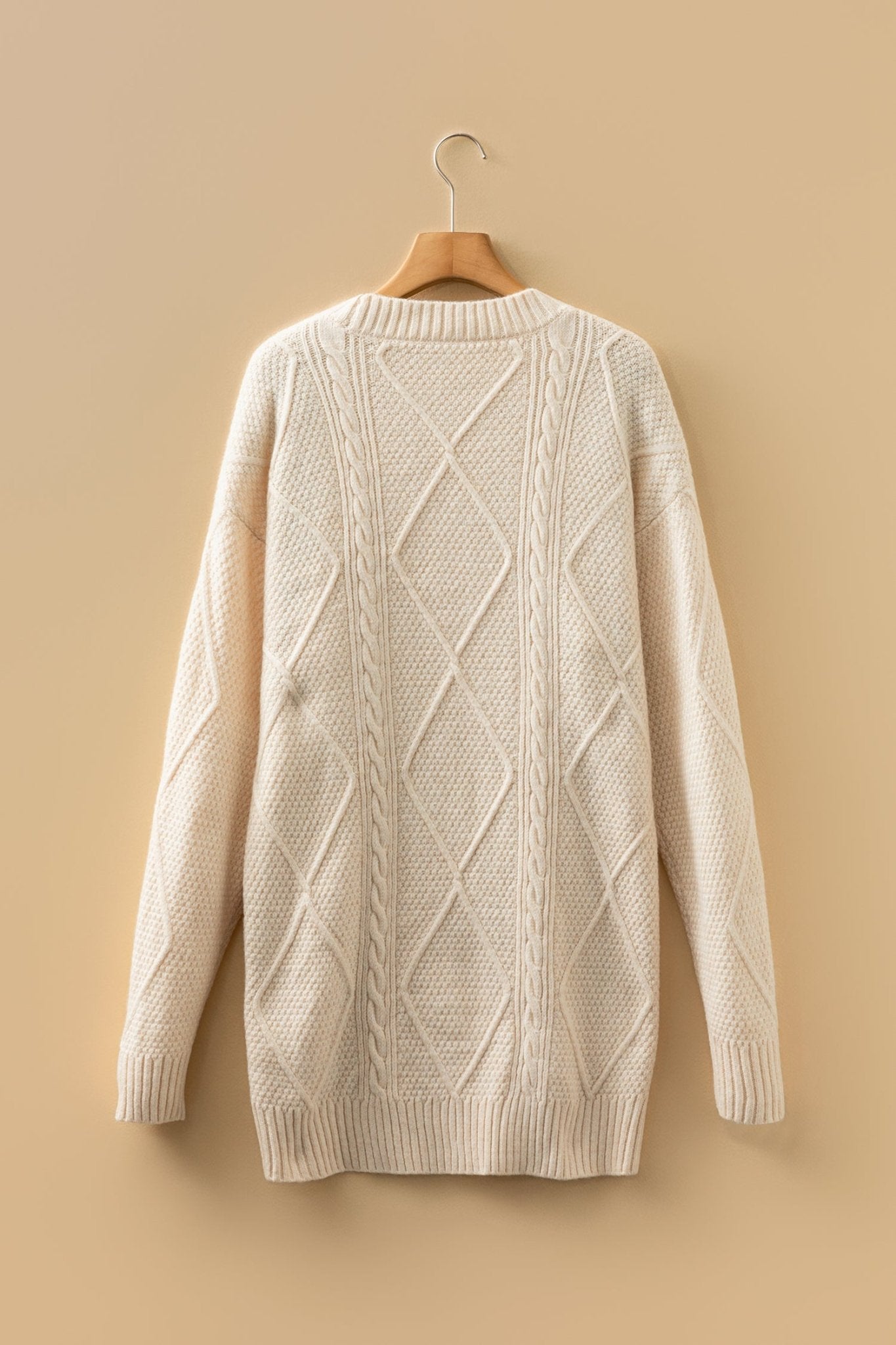Oatmeal Cable Knit Drop Shoulder Loose Fit Sweater Dress - MAD RUFFI