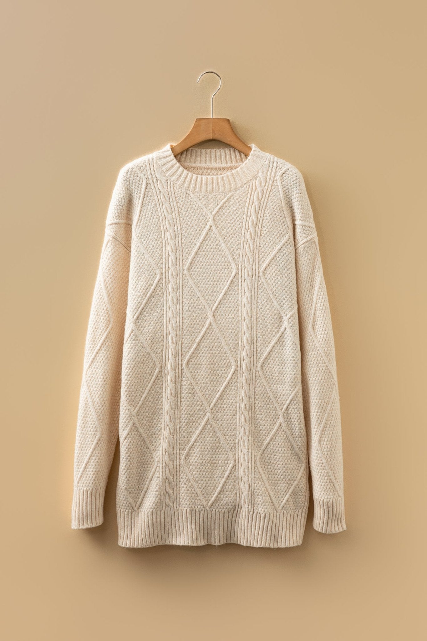 Oatmeal Cable Knit Drop Shoulder Loose Fit Sweater Dress - MAD RUFFI Oatmeal Cable Knit Drop Shoulder Loose Fit Sweater Dress - MAD RUFFI