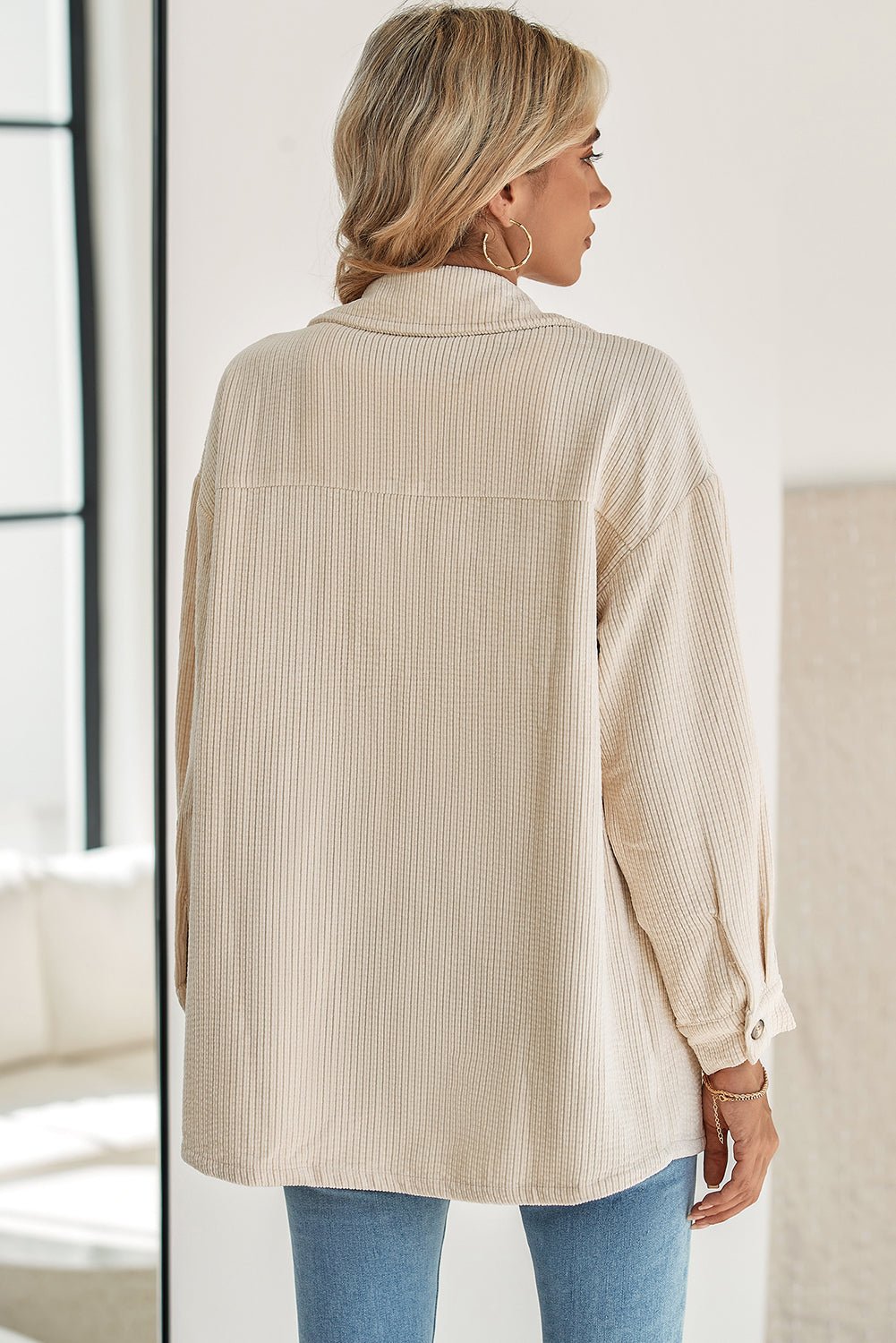 Oatmeal Corduroy Flap Pocket Button Up Shacket - MAD RUFFI
