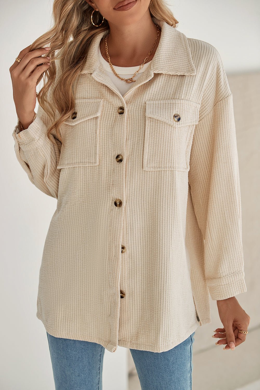 Oatmeal Corduroy Flap Pocket Button Up Shacket - MAD RUFFI