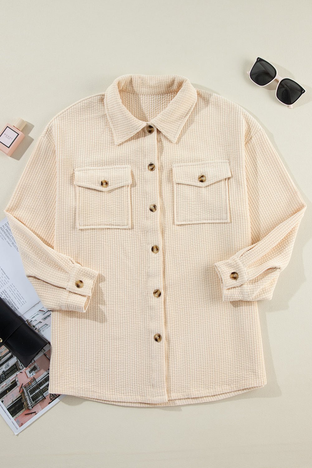 Oatmeal Corduroy Flap Pocket Button Up Shacket - MAD RUFFI