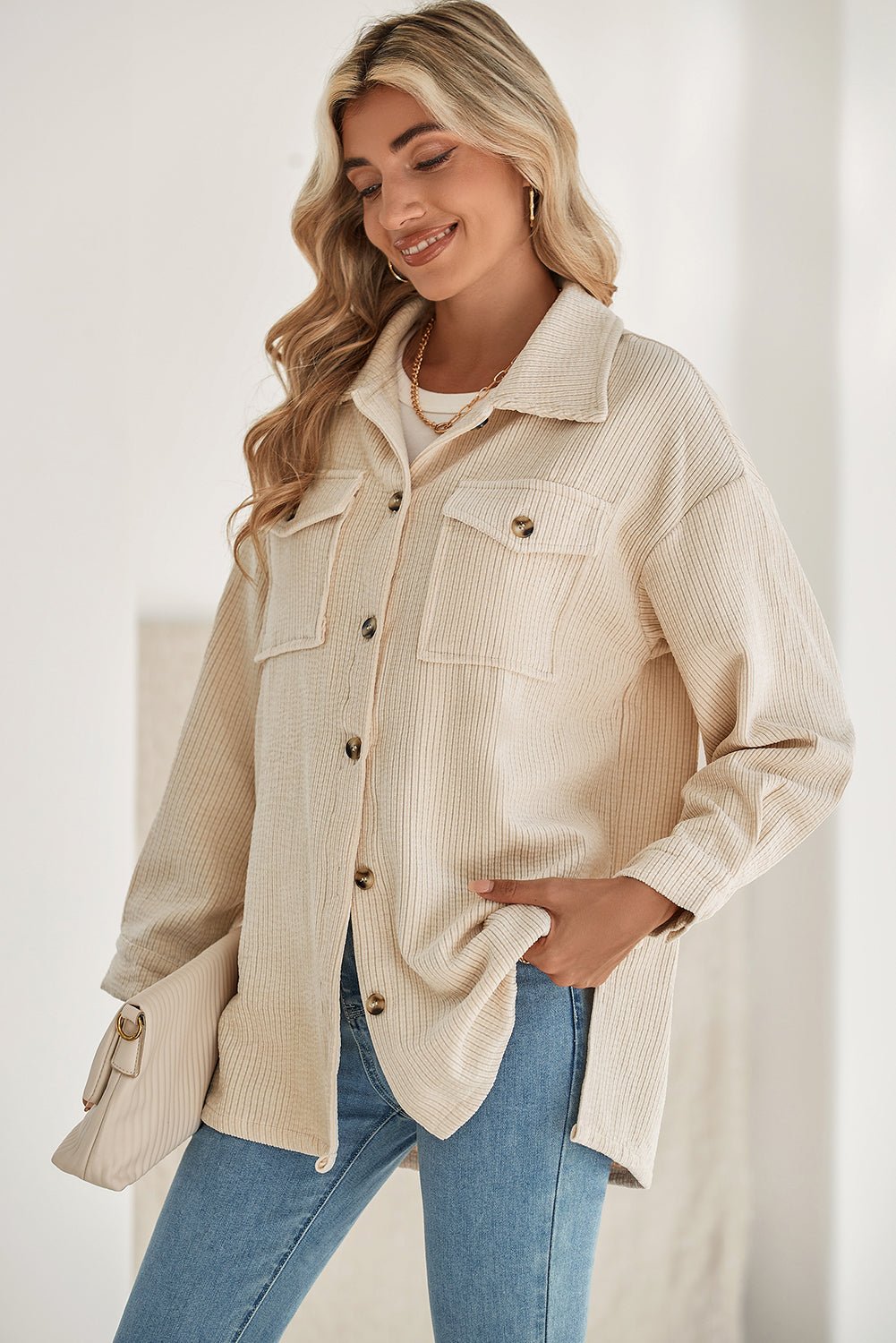 Oatmeal Corduroy Flap Pocket Button Up Shacket - MAD RUFFI