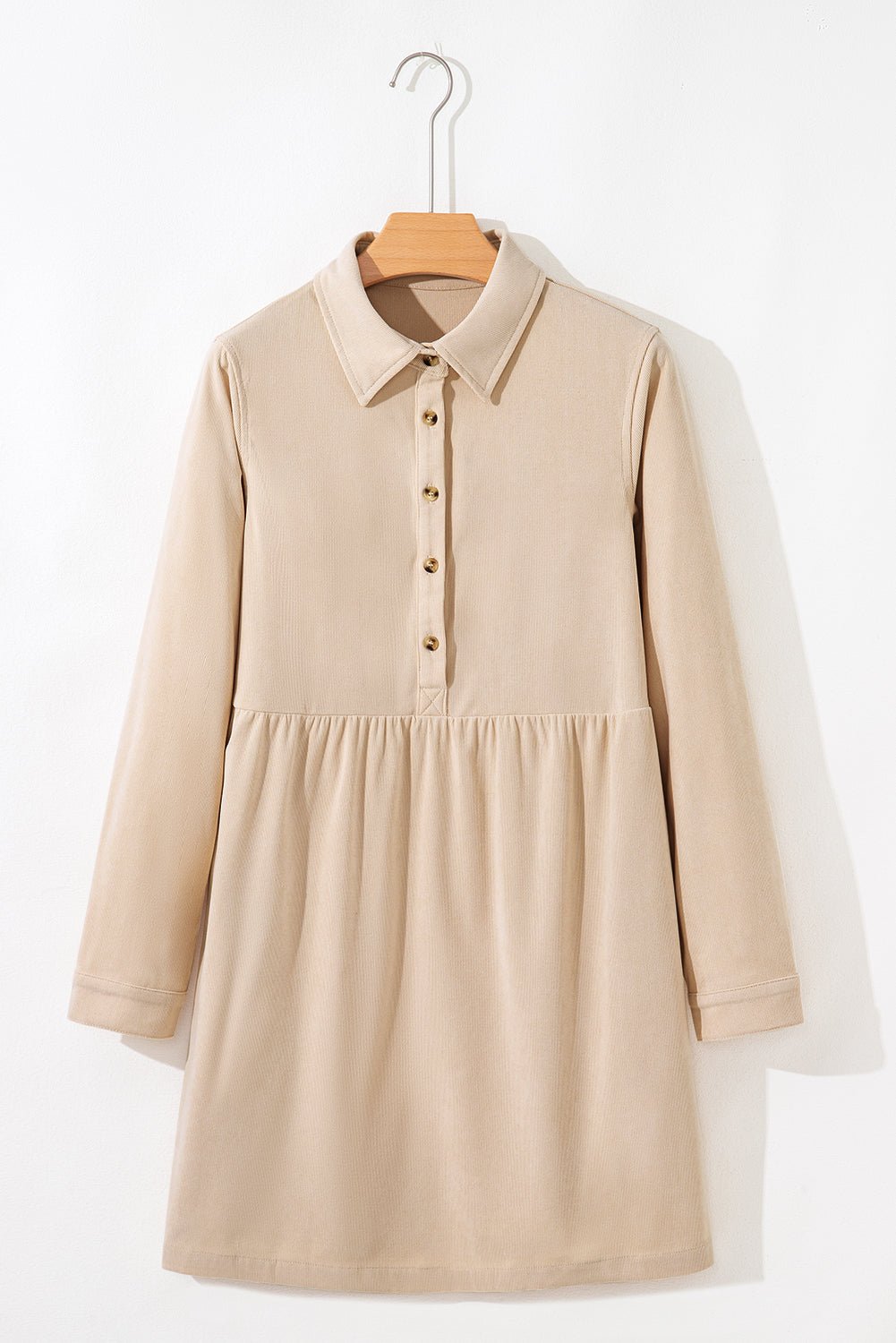 Oatmeal Corduroy Half Button Collared Long Sleeve Mini Dress - MAD RUFFI