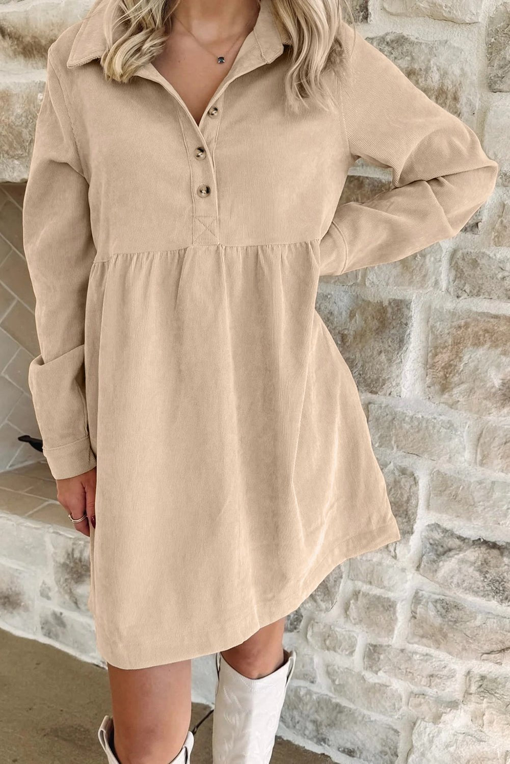 Oatmeal Corduroy Half Button Collared Long Sleeve Mini Dress - MAD RUFFI