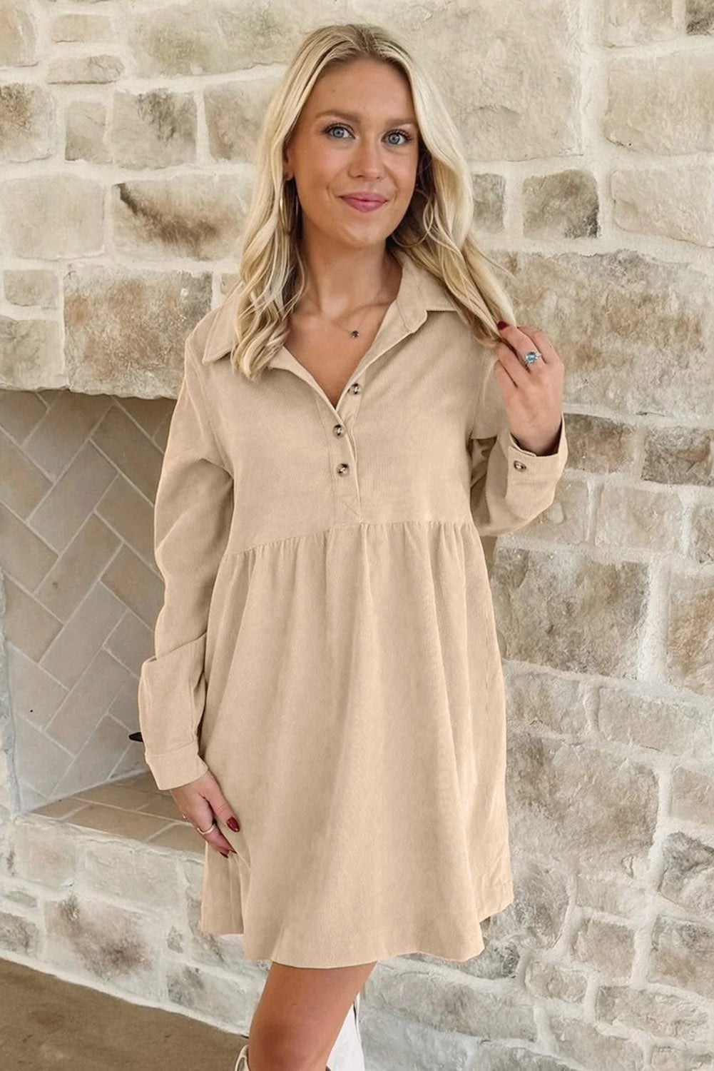 Oatmeal Corduroy Half Button Collared Long Sleeve Mini Dress - MAD RUFFI