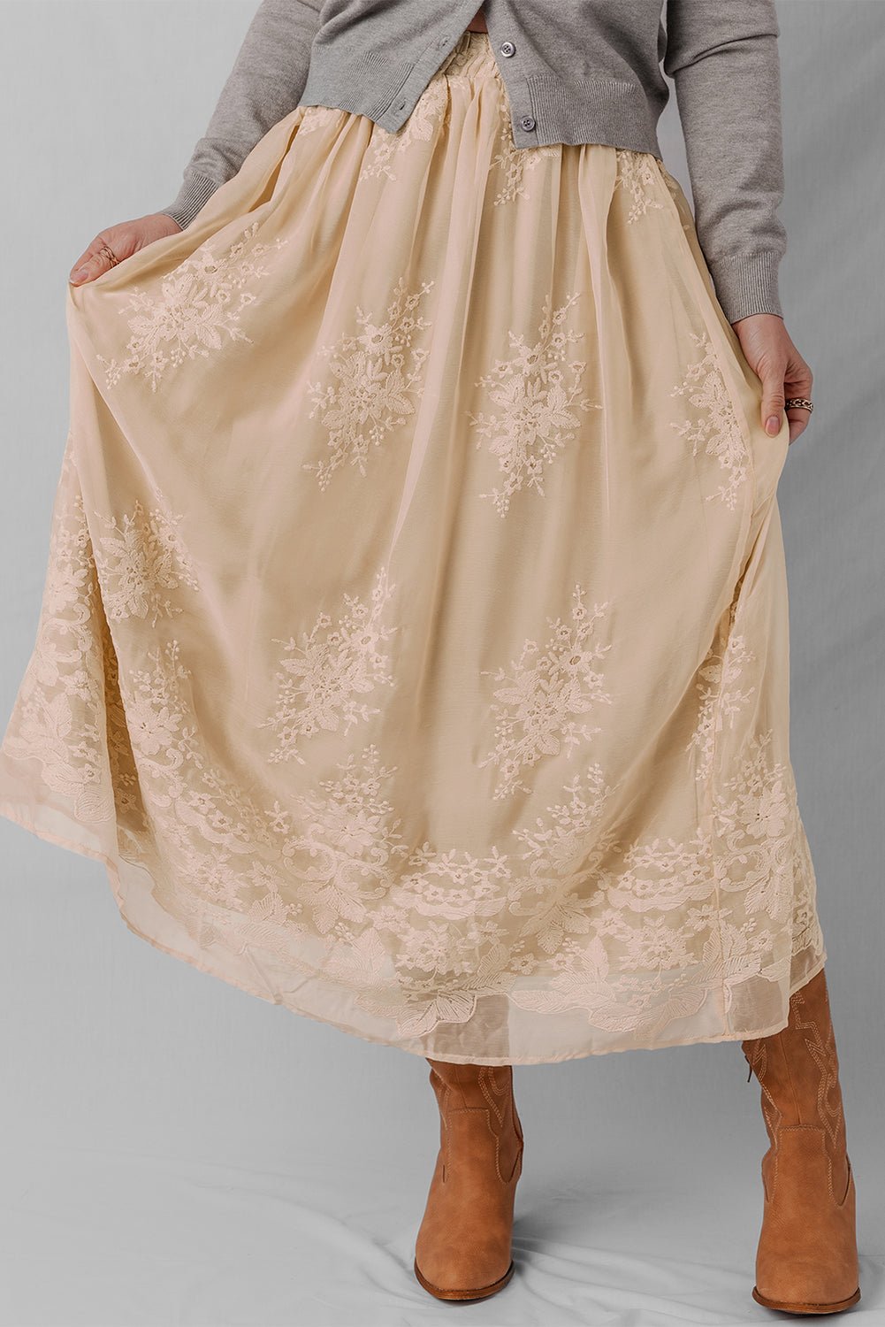 Oatmeal Embroidered Mesh Overlay Flowy Long Skirt - MAD RUFFI