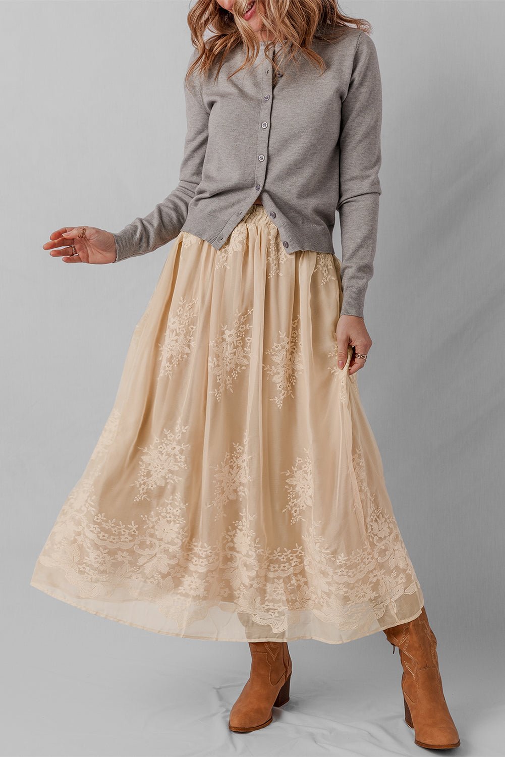 Oatmeal Embroidered Mesh Overlay Flowy Long Skirt - MAD RUFFI