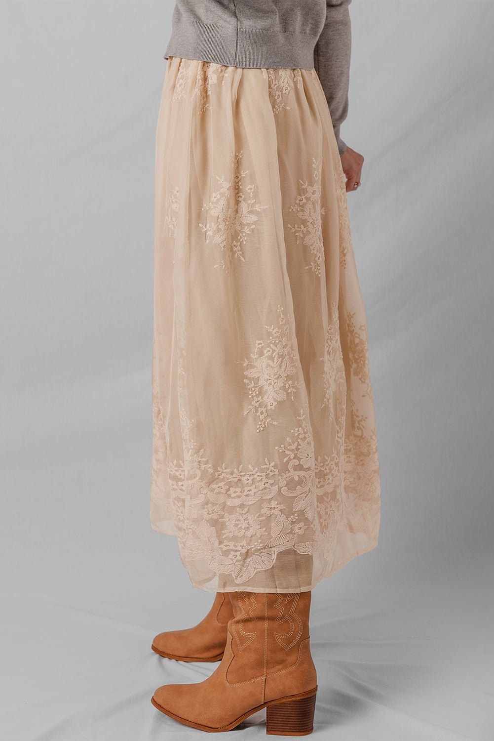 Oatmeal Embroidered Mesh Overlay Flowy Long Skirt - MAD RUFFI