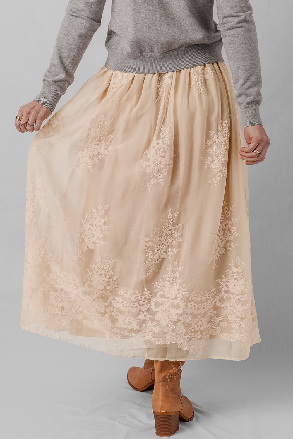 Oatmeal Embroidered Mesh Overlay Flowy Long Skirt - MAD RUFFI