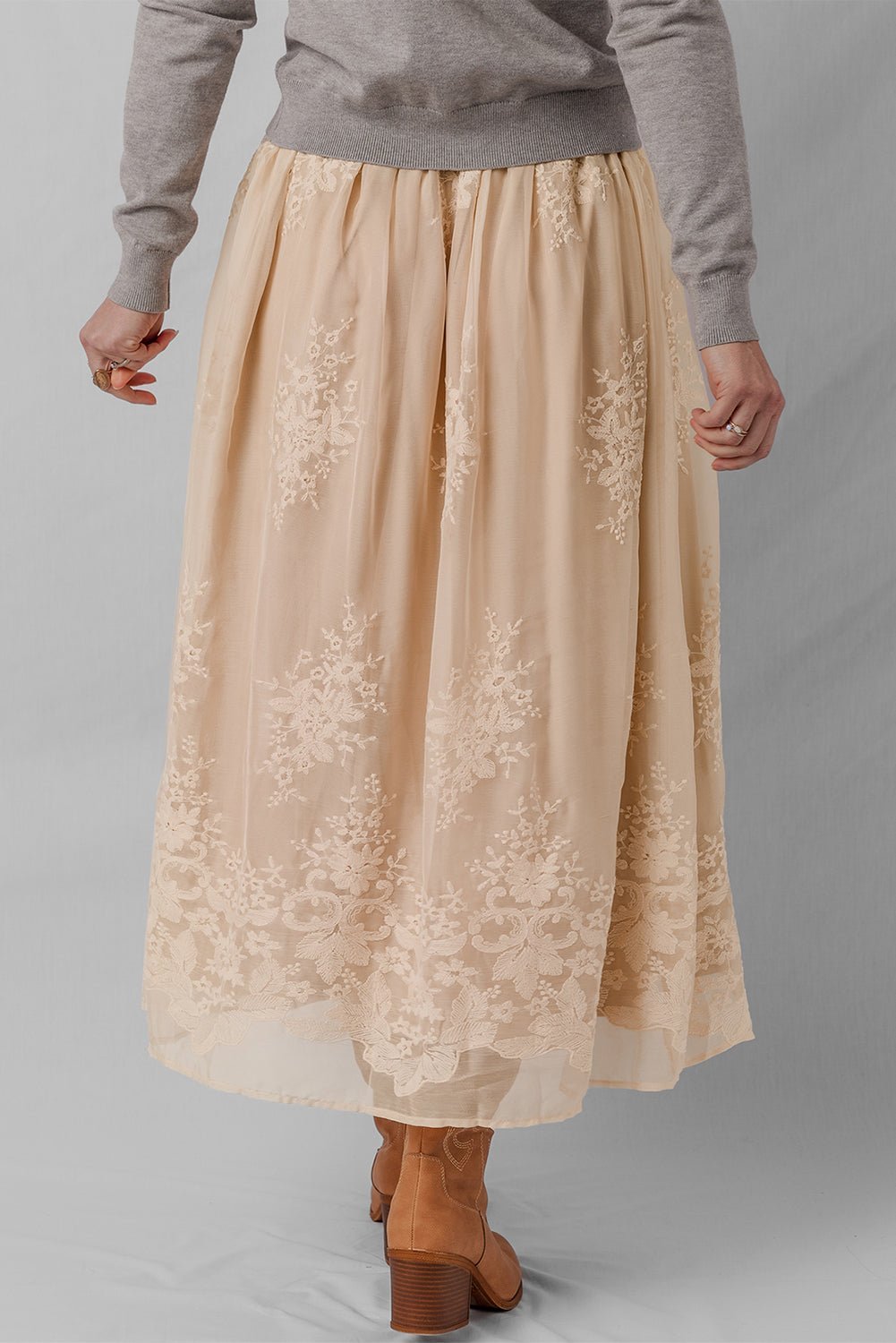 Oatmeal Embroidered Mesh Overlay Flowy Long Skirt - MAD RUFFI