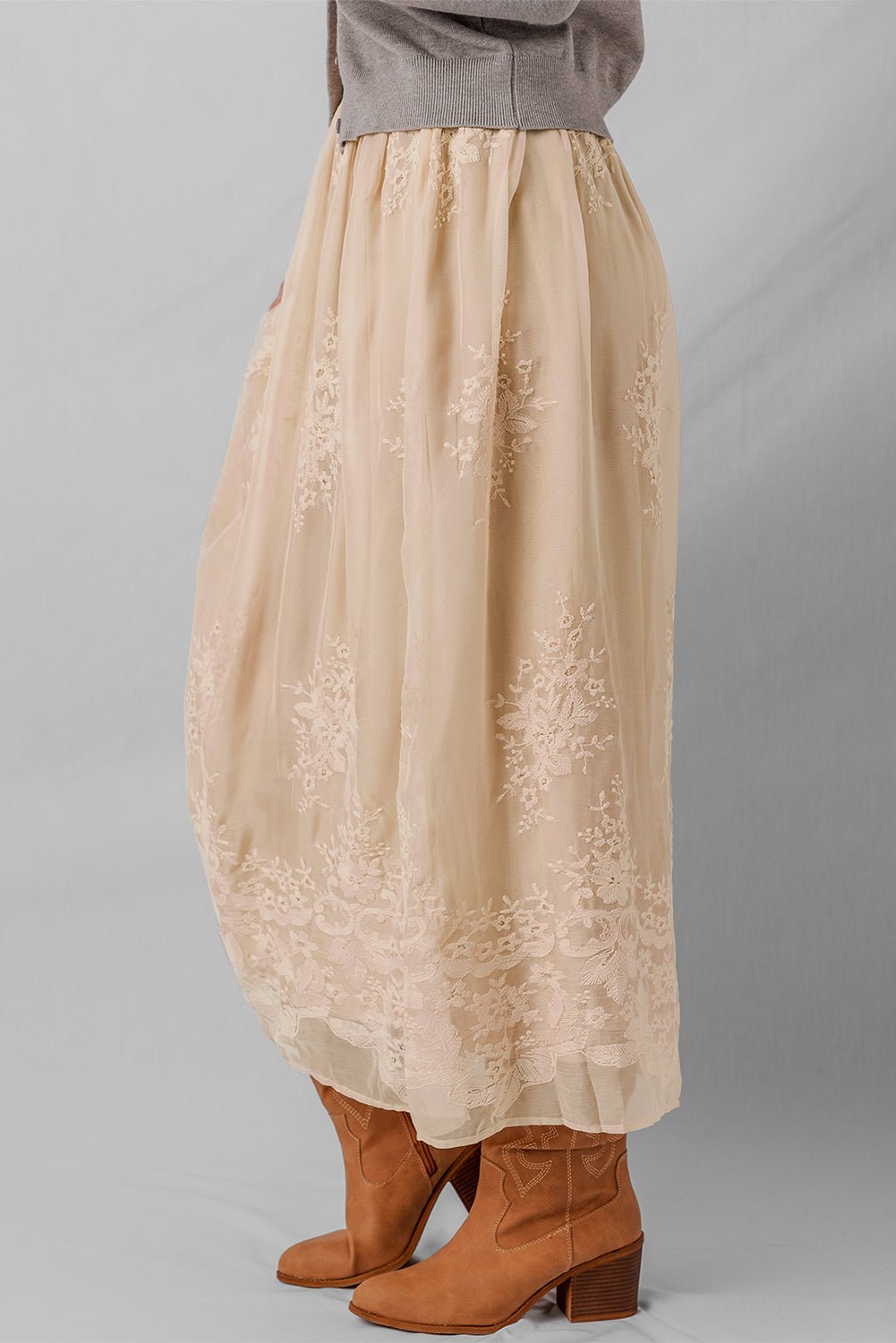 Oatmeal Embroidered Mesh Overlay Flowy Long Skirt - MAD RUFFI