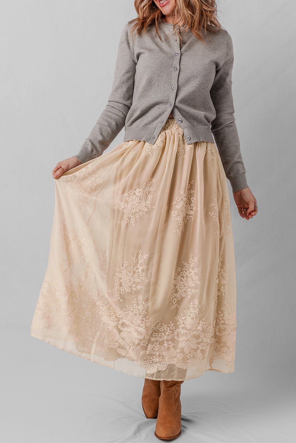 Oatmeal Embroidered Mesh Overlay Flowy Long Skirt - MAD RUFFI