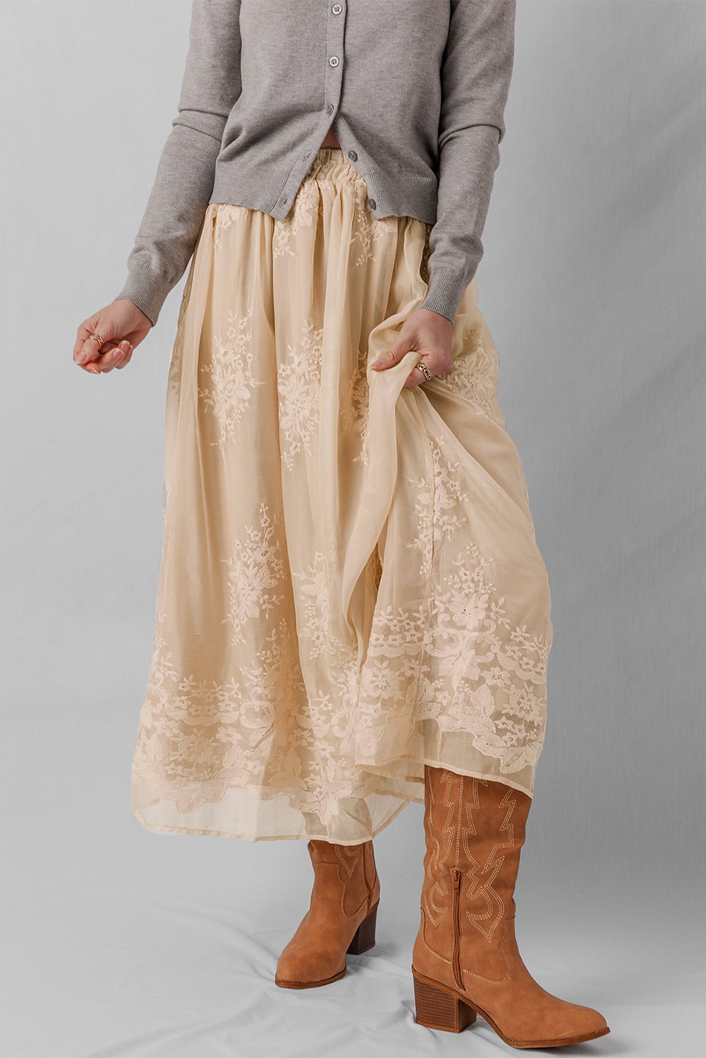 Oatmeal Embroidered Mesh Overlay Flowy Long Skirt - MAD RUFFI