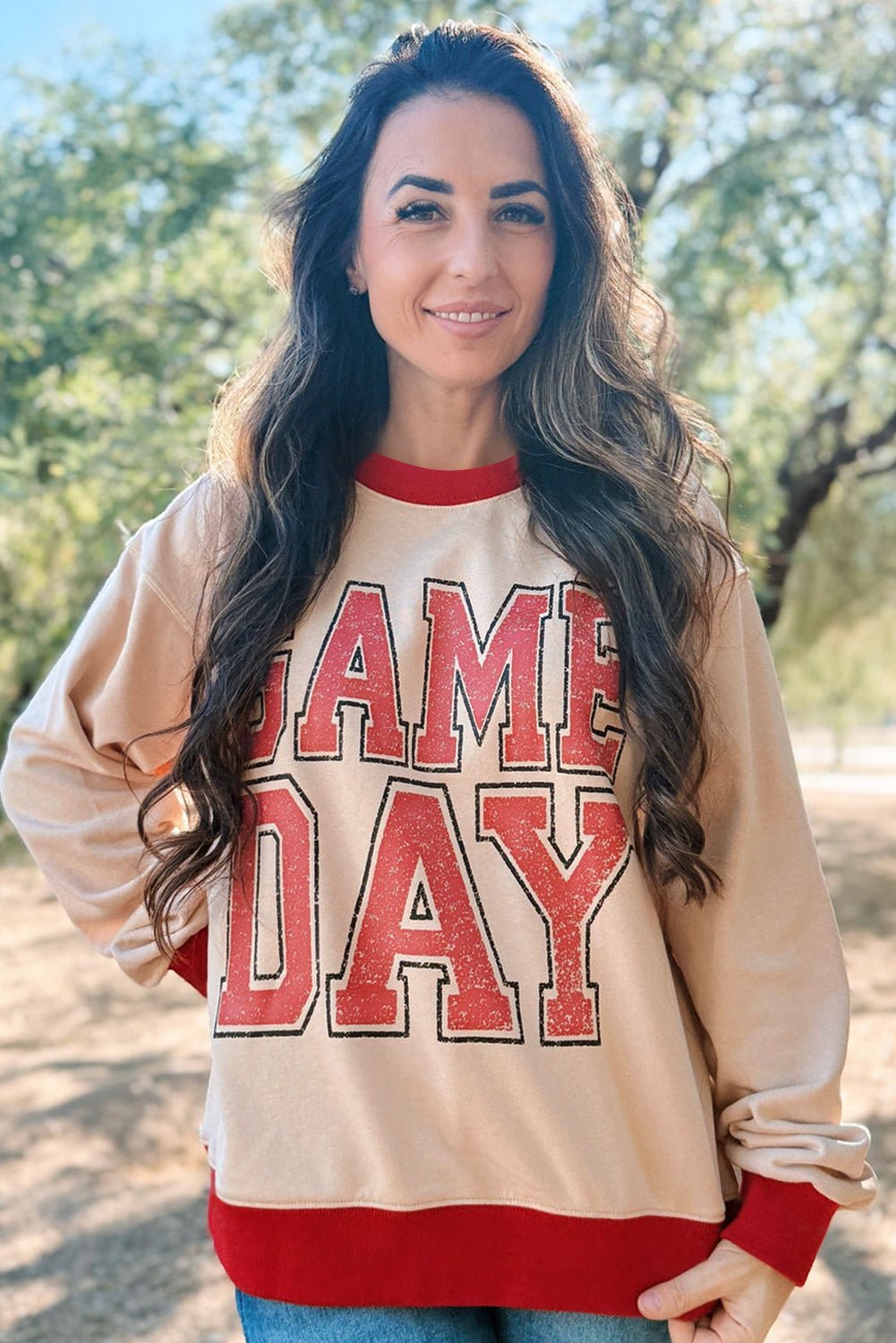 Oatmeal GAME DAY Letter Contrast Trim Baggy Sweatshirt - MAD RUFFI