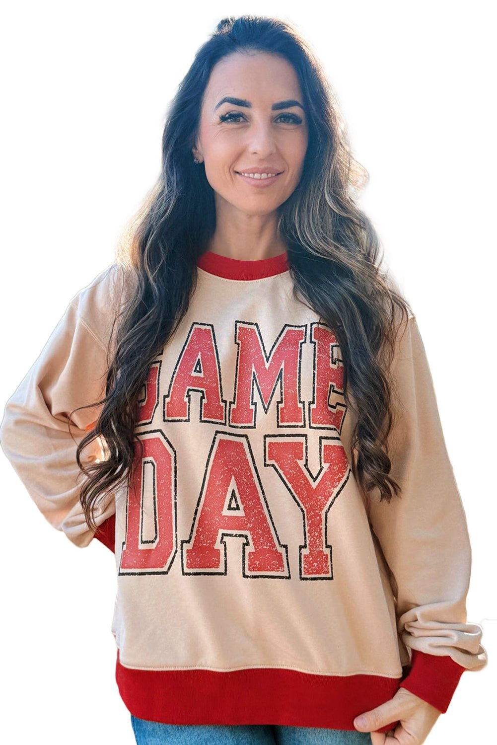 Oatmeal GAME DAY Letter Contrast Trim Baggy Sweatshirt - MAD RUFFI