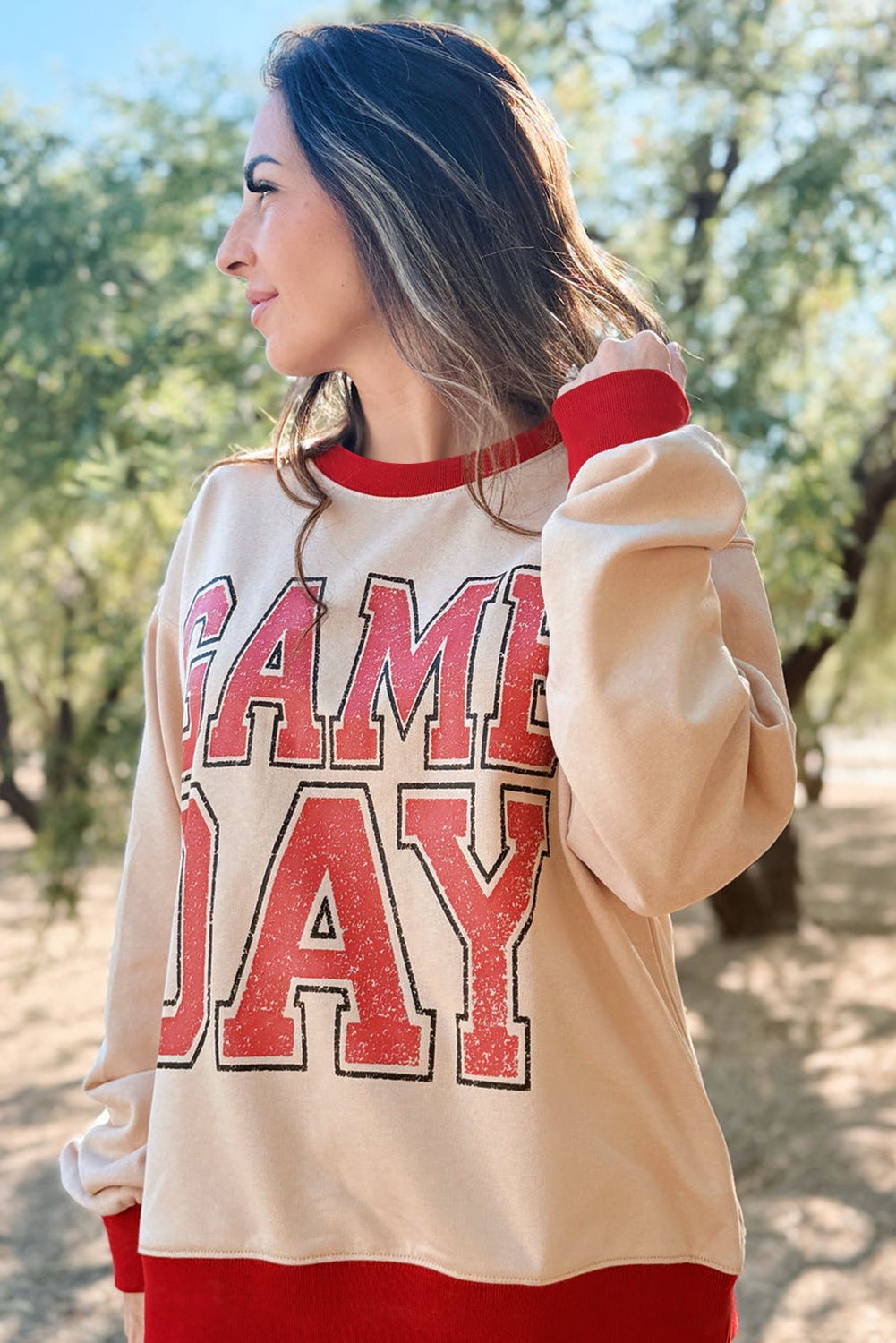 Oatmeal GAME DAY Letter Contrast Trim Baggy Sweatshirt - MAD RUFFI