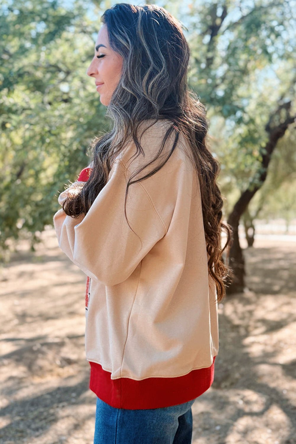 Oatmeal GAME DAY Letter Contrast Trim Baggy Sweatshirt - MAD RUFFI