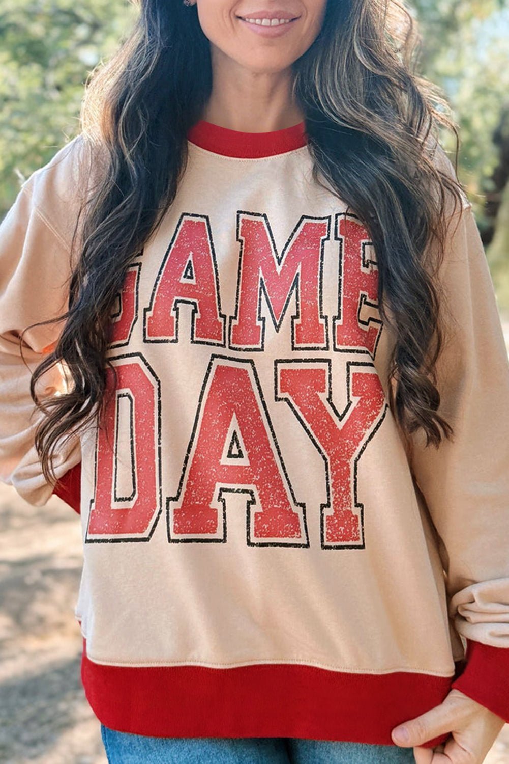 Oatmeal GAME DAY Letter Contrast Trim Baggy Sweatshirt - MAD RUFFI
