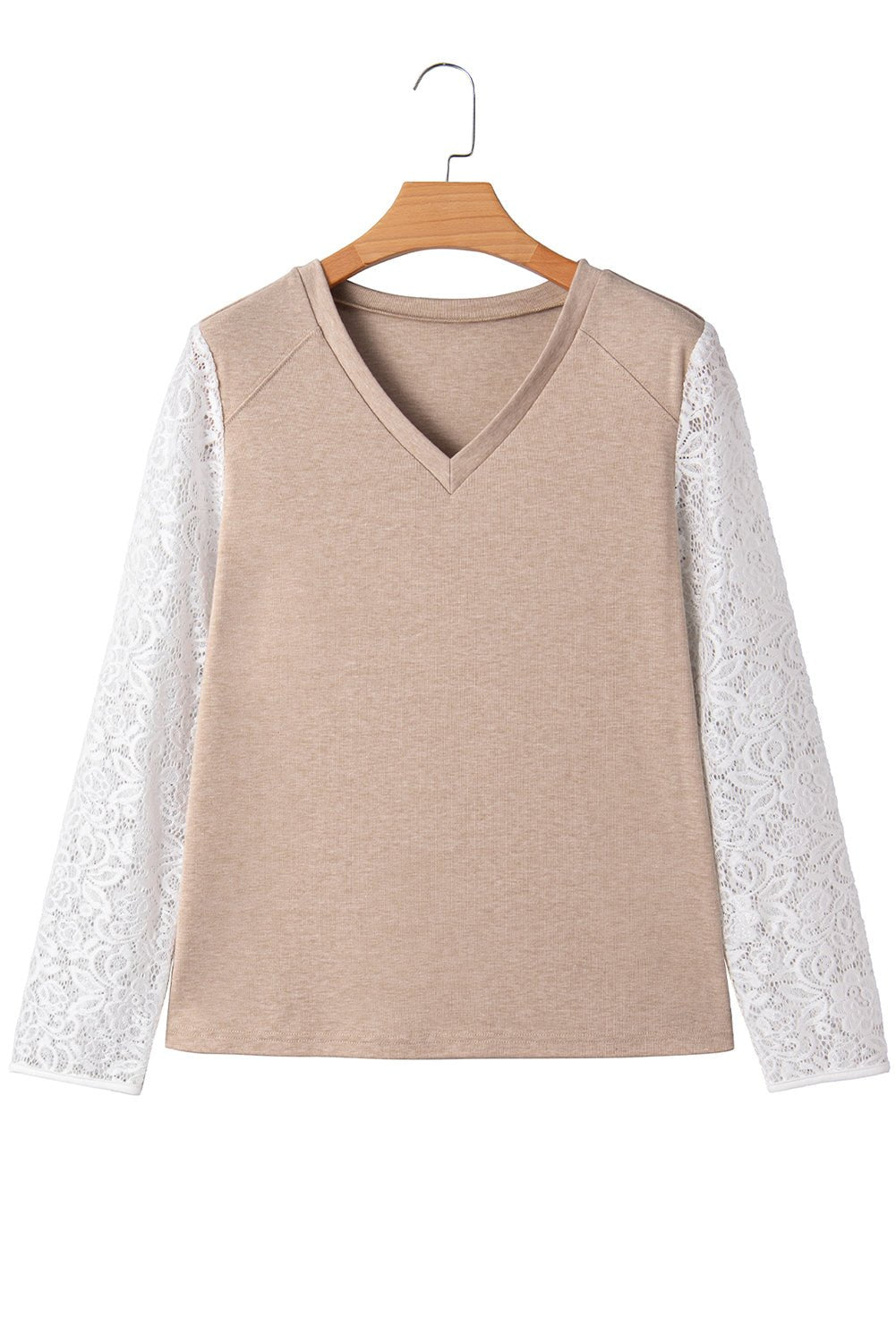 Oatmeal Lace Patchwork Sleeve V Neck Top - MAD RUFFI