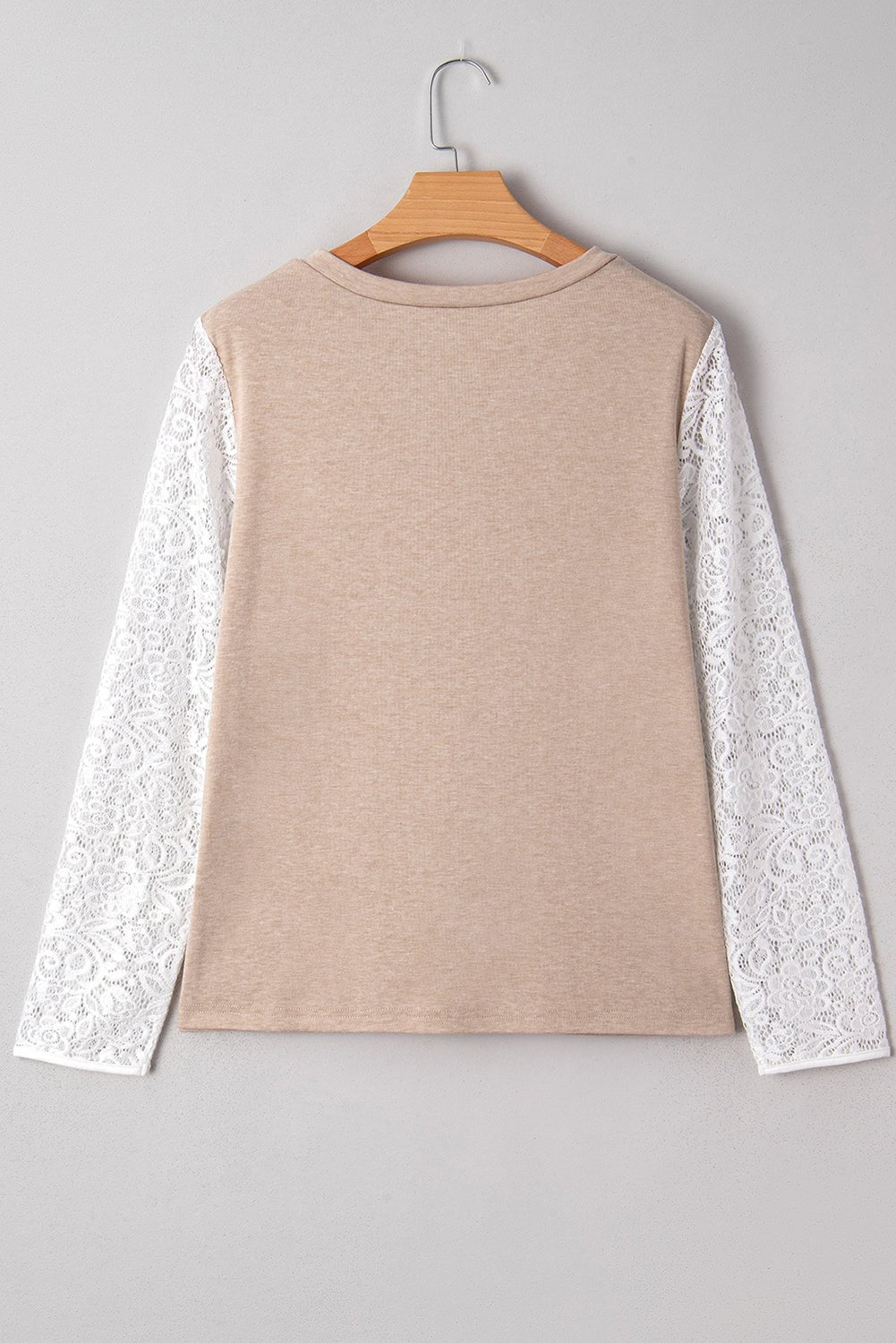 Oatmeal Lace Patchwork Sleeve V Neck Top - MAD RUFFI