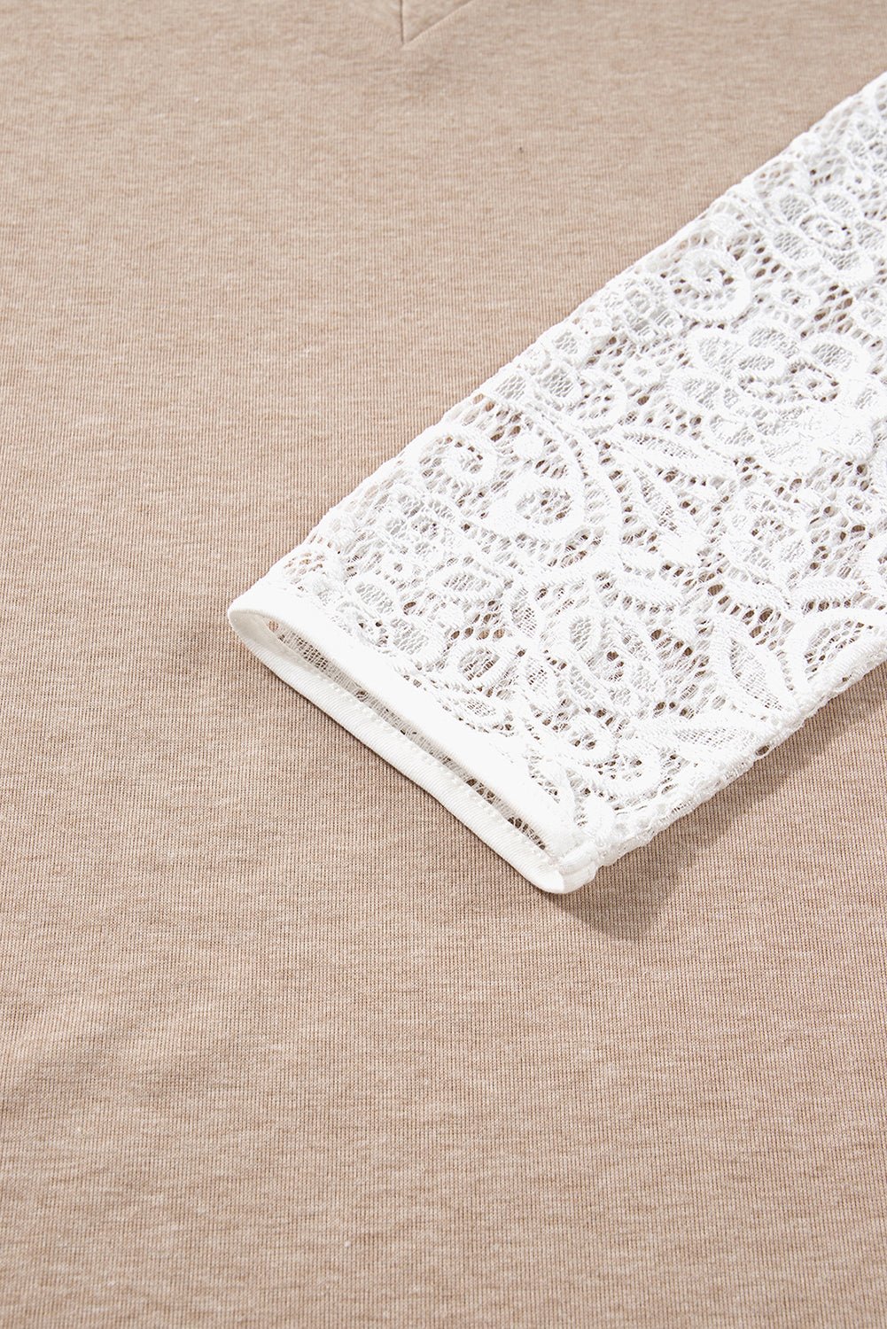 Oatmeal Lace Patchwork Sleeve V Neck Top - MAD RUFFI