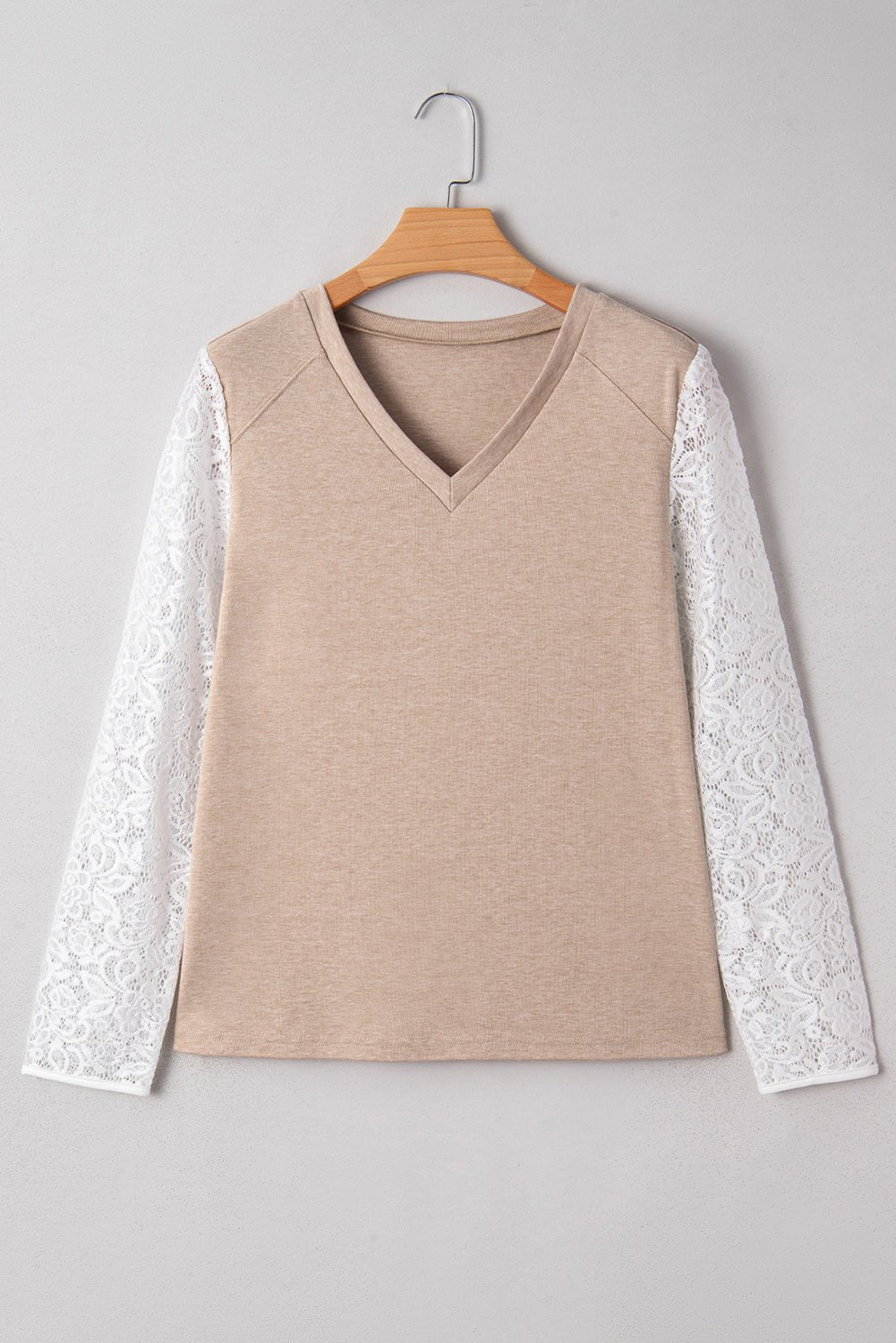 Oatmeal Lace Patchwork Sleeve V Neck Top - MAD RUFFI