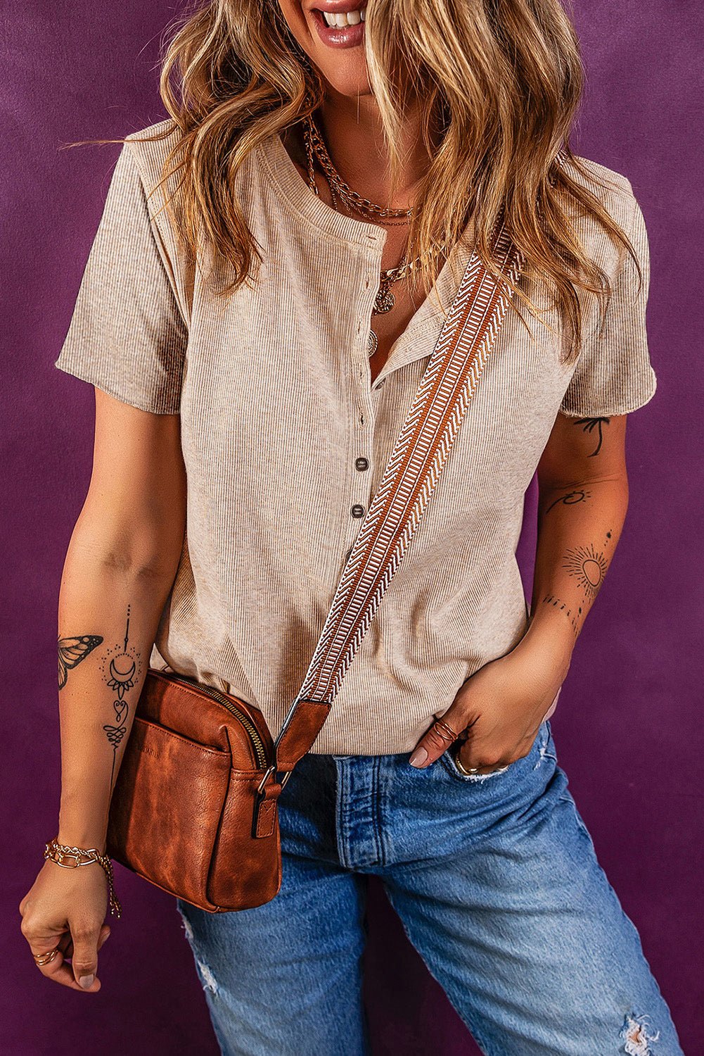 Oatmeal Short Sleeve Half Button Ribbed Top - MAD RUFFI