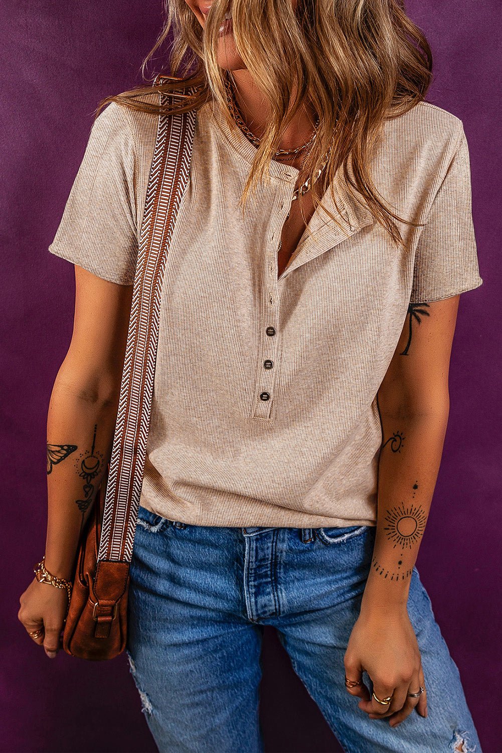 Oatmeal Short Sleeve Half Button Ribbed Top - MAD RUFFI