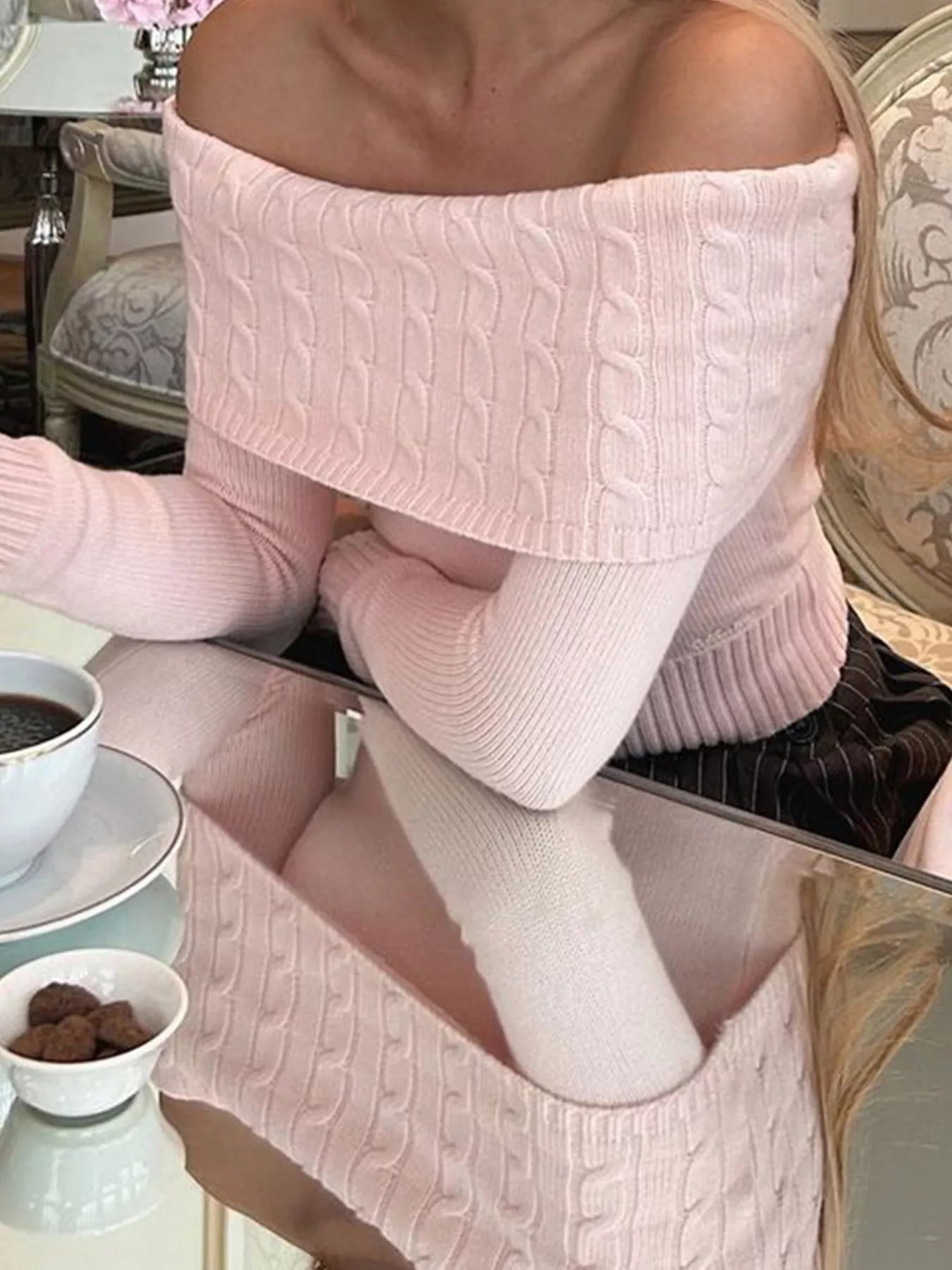 Off - Shoulder Cable Knit Sweater - MAD RUFFI